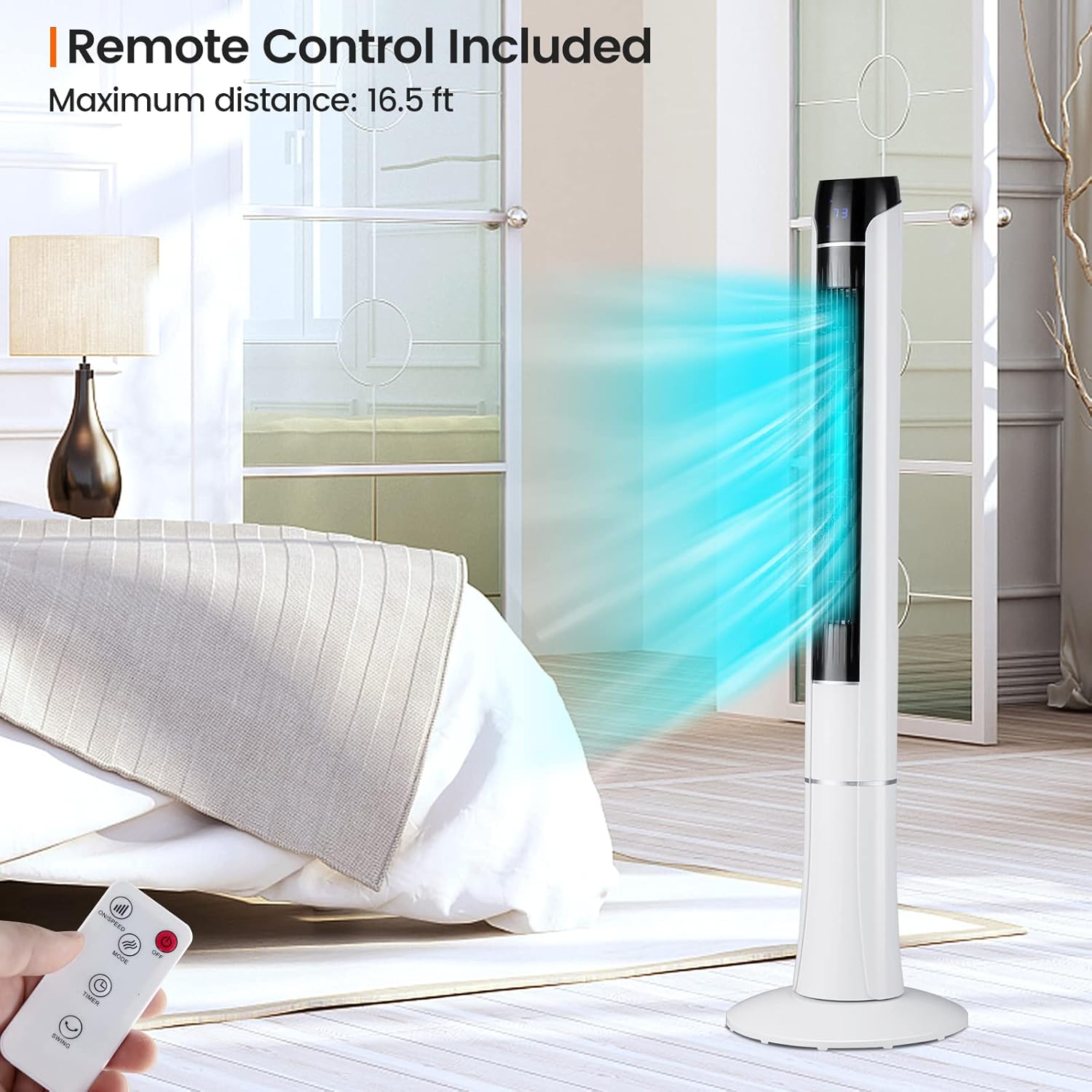 Tangkula 48-Inch Tower Fan with Remote Control, Quiet Bladeless Tower Fan w/ 3 Speeds, 3 Modes, 1-15H Timer & LED Display, 80° Oscillating Floor Standing Fan, Portable Circulating Fan for Home Office - Image 8