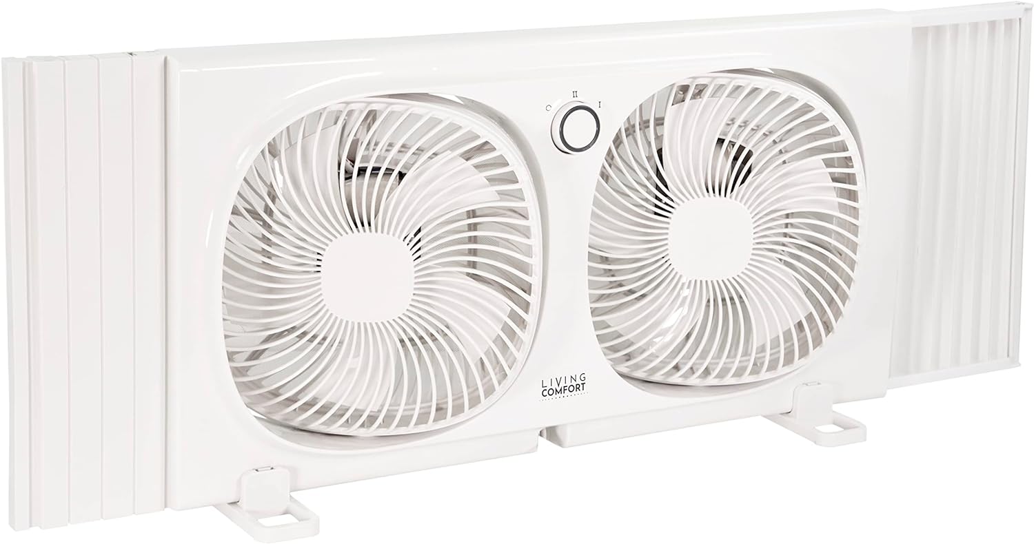 Comfort Zone Living Comfort 9" Dual Window Fan with 180° Rotating Fans, 2-Speeds, Plastic Removable Bug Screen, Individually Rotating Fan Heads, White