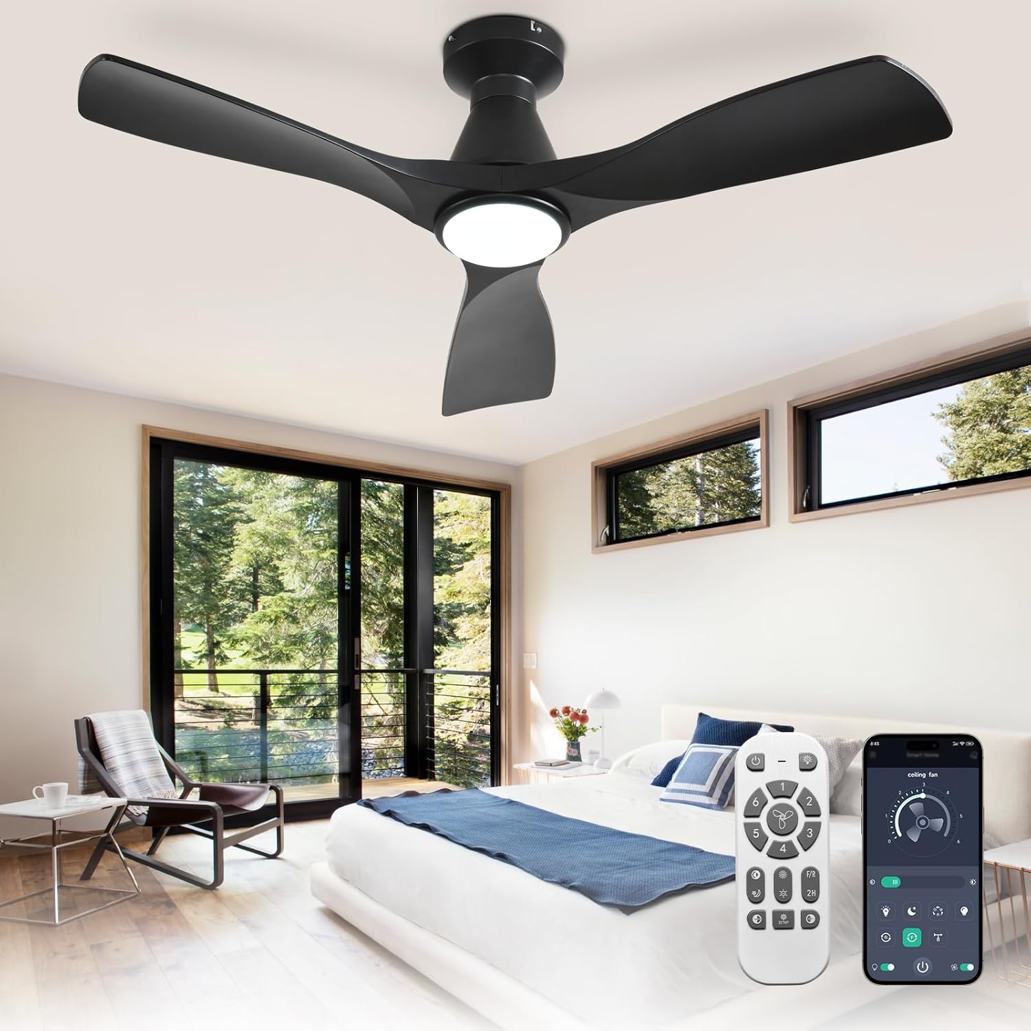 Depuley 42-Inch Ceiling Fans with Lights: Black 3 Blade Flush Mount Low Profile Ceiling Fan for Bedroom - Dimmable Indoor Outdoor Fan with Remote APP Control Ultra Quiet DC Motor Timer - Image 9