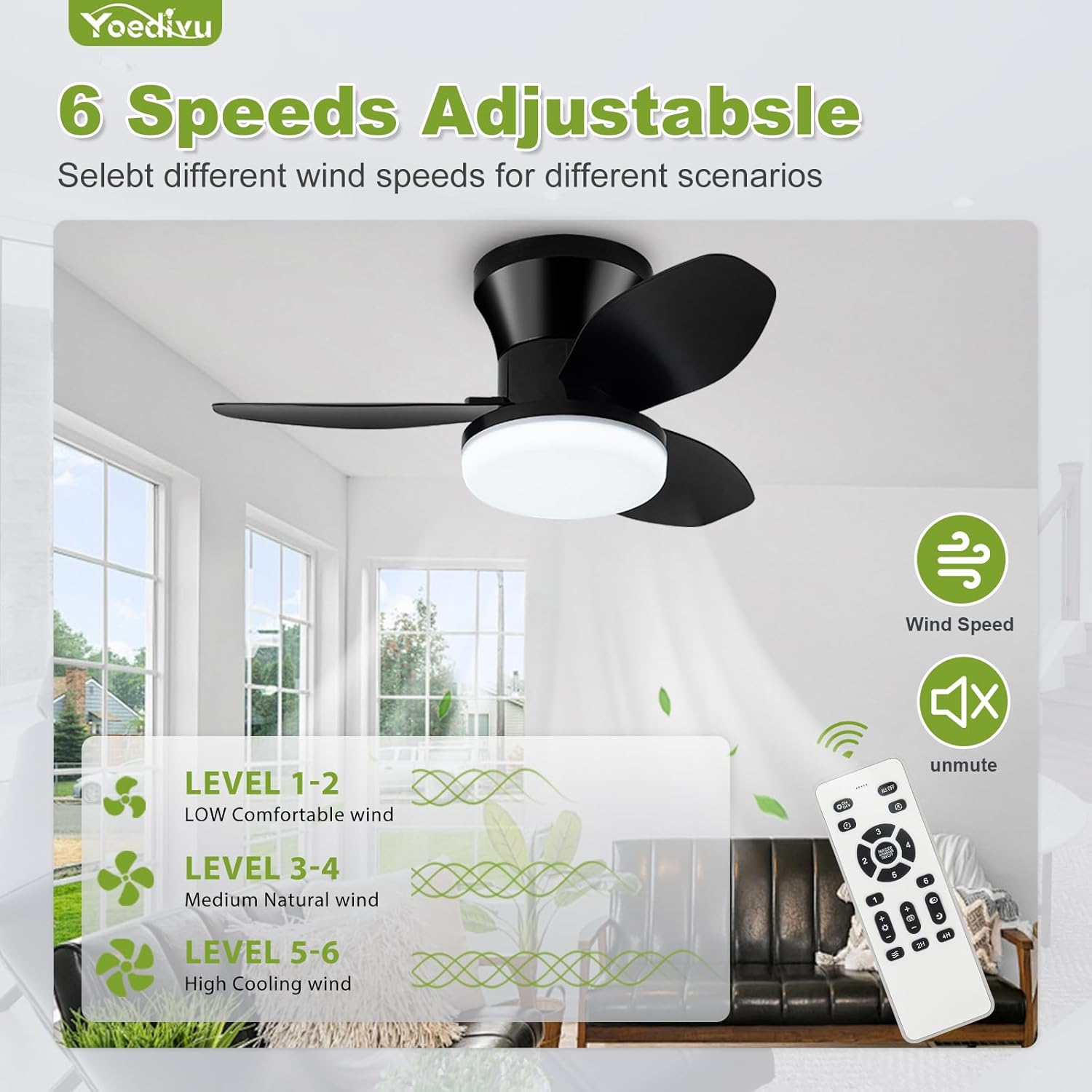 Small Ceiling Fan, 26 Inch Black Flush Mount Ceiling Fan with Lights and Remote, Low Profile Ceiling Fan with 3 Reversible Blades 6 Wind Speeds, Modern Ceiling Fan for Bedroom Kitchen - Image 5
