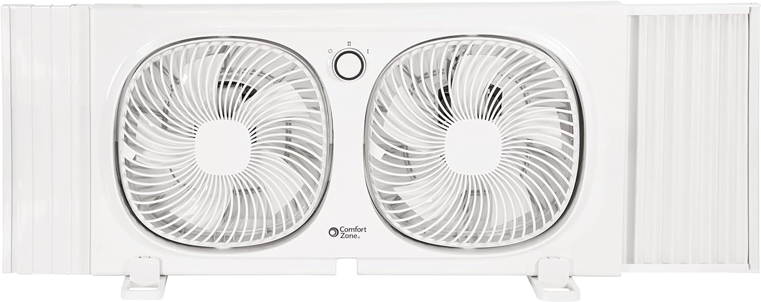 Comfort Zone 9-Inch Twin Window Fan with 2-Speed Independent 180° Rotating Fan Heads, Auto-Locking Expanders & Removable Bug Screen, Reversible Exhaust Fan for Bedroom or Home - Image 6