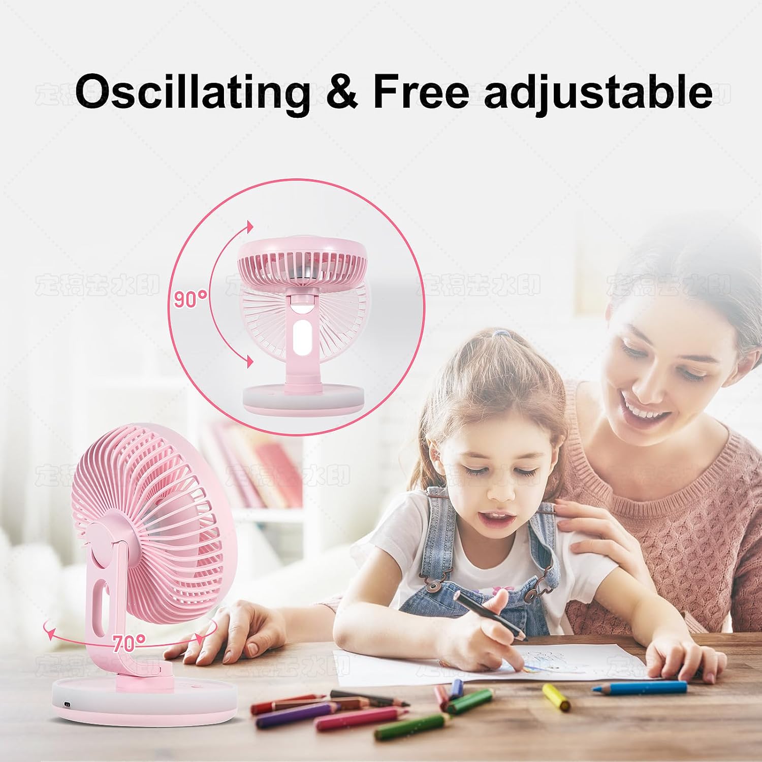 Small Desk Fan With Night Light, Auto Oscillating Table Fan With 3000mAh Rechargeable Battery, USB Personal Fan With 4 Speeds Wind, Adjustable Desktop Fan For Home, Office Bedroom, Camping (pink) - Image 4