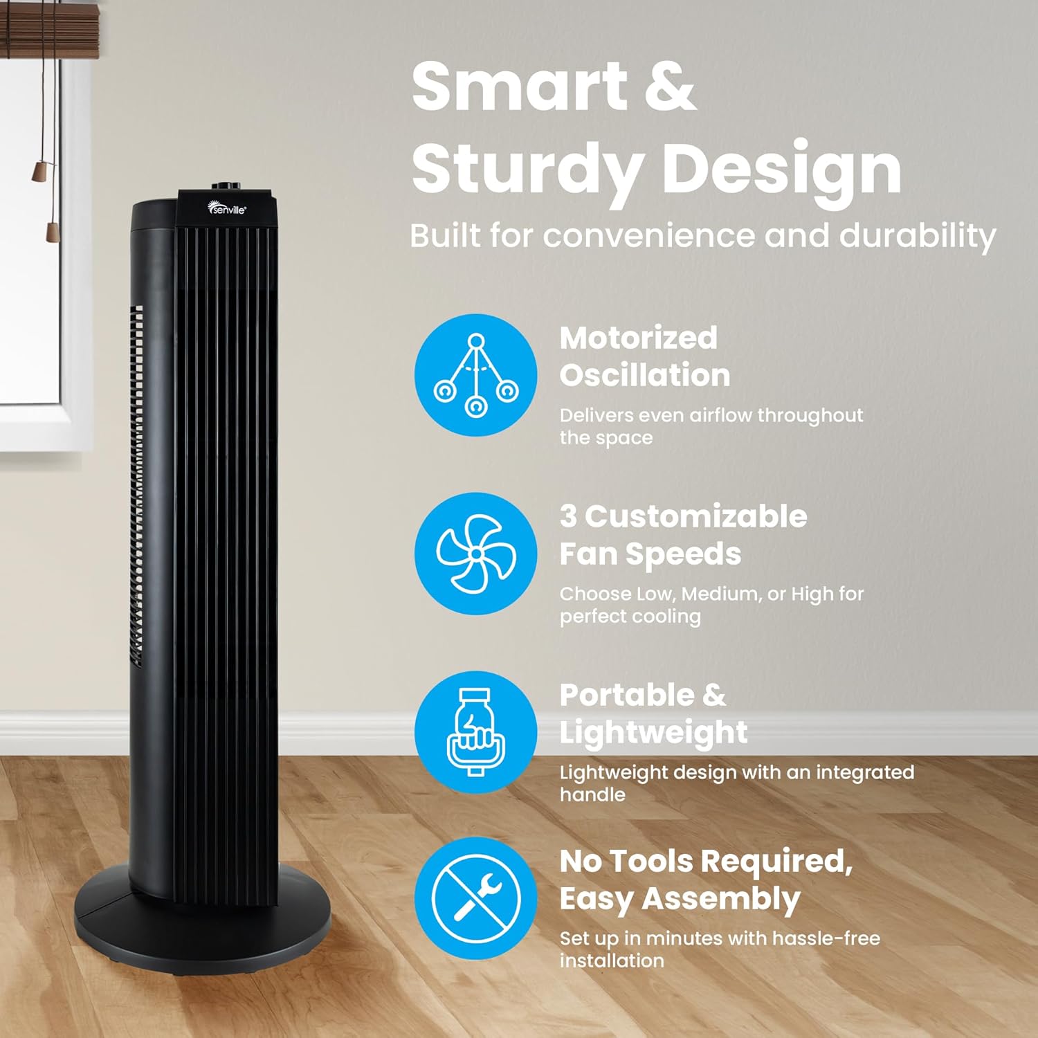 Senville 27" Standing Fan for Bedroom and Home with 60° Oscillation, 3 Speed, Compact Space-Saving Design, SENFZ10-19M - Image 4