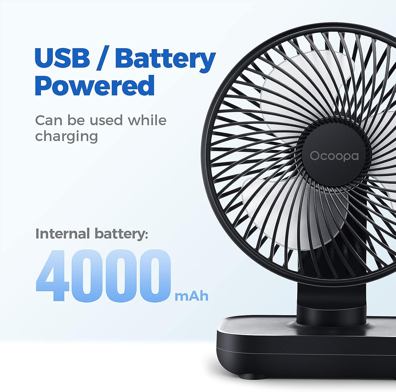 OCOOPA Small Desk Fan, 4000mAh Rechargeable USB Fan Battery Operated, 4 Speeds, 5'' Portable Table Fan with Strong Airflow Quiet, Detachable Grille, Mini Desktop Fan(Blue) - Image 5