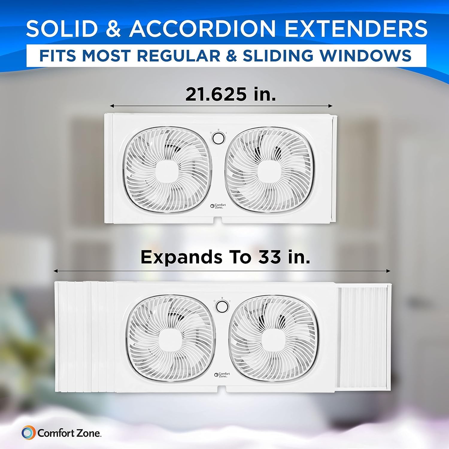 Comfort Zone 9-Inch Twin Window Fan with 2-Speed Independent 180° Rotating Fan Heads, Auto-Locking Expanders & Removable Bug Screen, Reversible Exhaust Fan for Bedroom or Home - Image 3