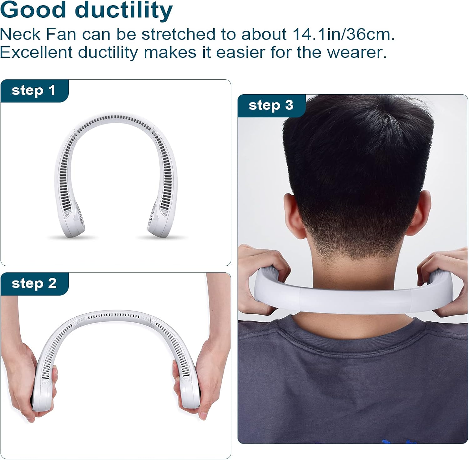 CIVPOWER Neck Fan: Portable Personal Neck Cooling Rechargeable Bladeless Fan - Hands Free 3 Speed 4000 mAh Battery USB Operated Wearable Headphone Design - for Men Women Outdoor Indoor (White) - Image 9