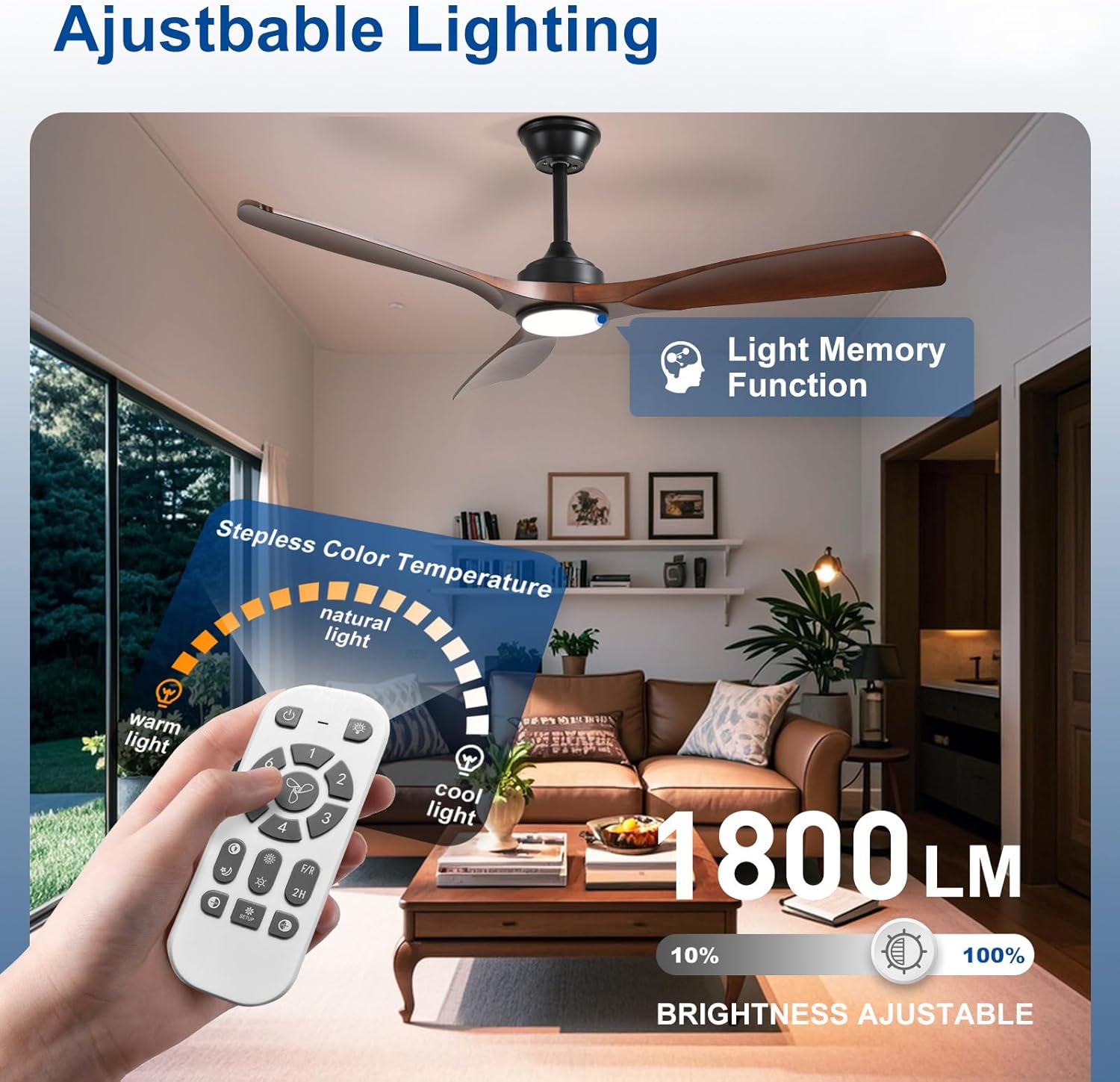 52-Inch Ceiling Fan with Light: Walnut 3 Blade Outdoor Fans for Patios - Dimmable Indoor Fan with Remote APP Control Ultra Quiet DC Motor Reversible 6 Speed Timer - Image 4