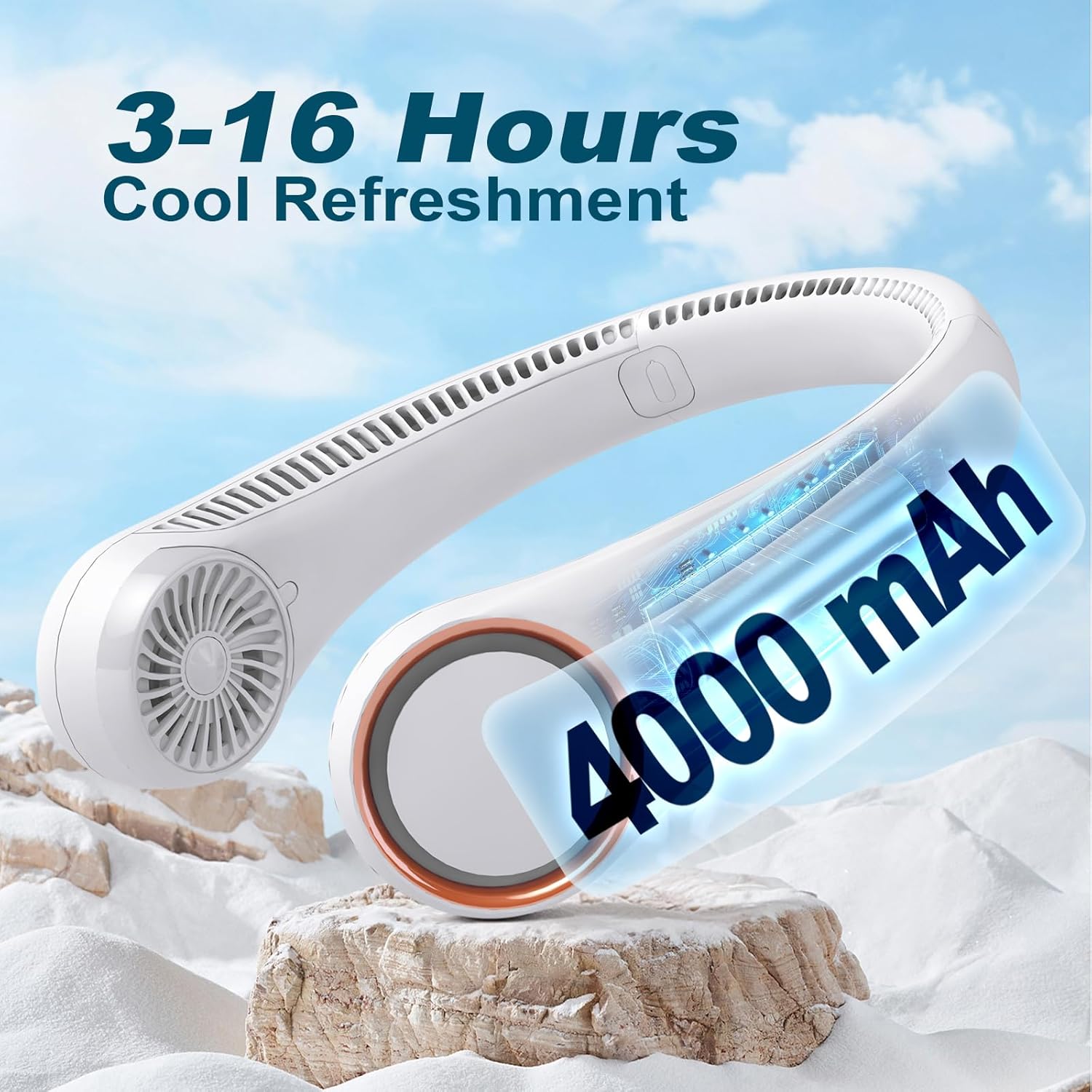 CIVPOWER Neck Fan: Portable Personal Neck Cooling Rechargeable Bladeless Fan - Hands Free 3 Speed 4000 mAh Battery USB Operated Wearable Headphone Design - for Men Women Outdoor Indoor (White) - Image 4