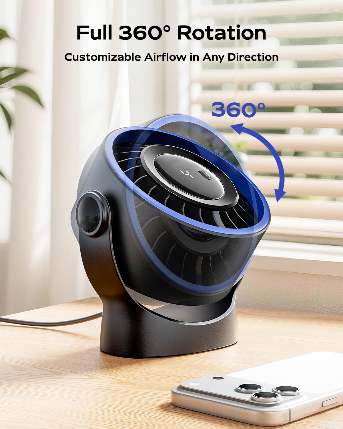 SWEETFULL USB Small Desk Fan - 5 Inch Mini Personal Desktop Fan, 4 Speeds Cooling Strong Airflow, 360° Adjustable Tilt, Quiet Portable Table Fans for Bedroom, Home, Office, Travel & Cruise, Black - Image 6