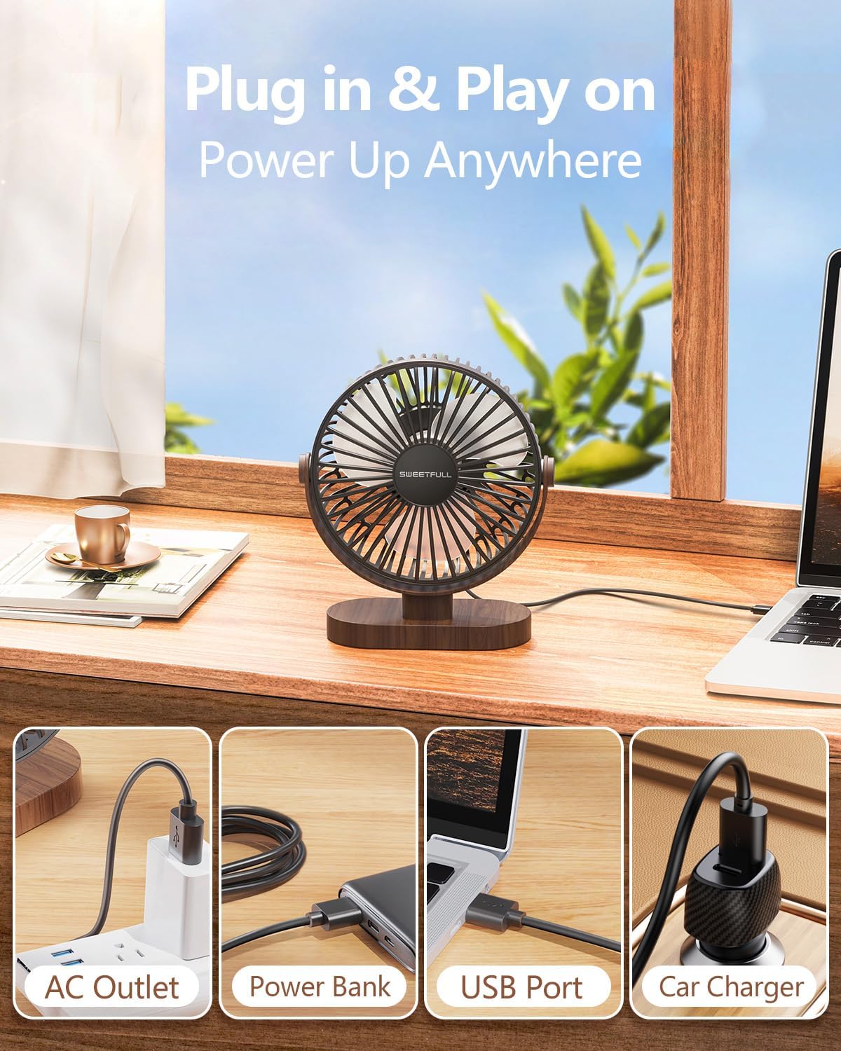 SWEETFULL 6.5 Inch USB Small Desk Fan, 3 Speeds Quiet Portable Desktop Table Fan, 360° Adjustment Personal Mini Fan for Home Office Car Outdoor Travel (Black wood grain) - Image 6