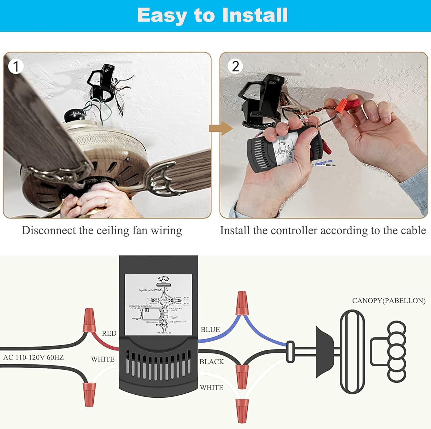 Universal Ceiling Fan Remote Control Kit, Replacement for Hunter, Hampton Bay, Litex, 3-Speeds, with Receiver FAN37R, Replace FAN-53T 2AAZPFAN-53T FAN-11T KUJCE9103 UC7030T - Image 5