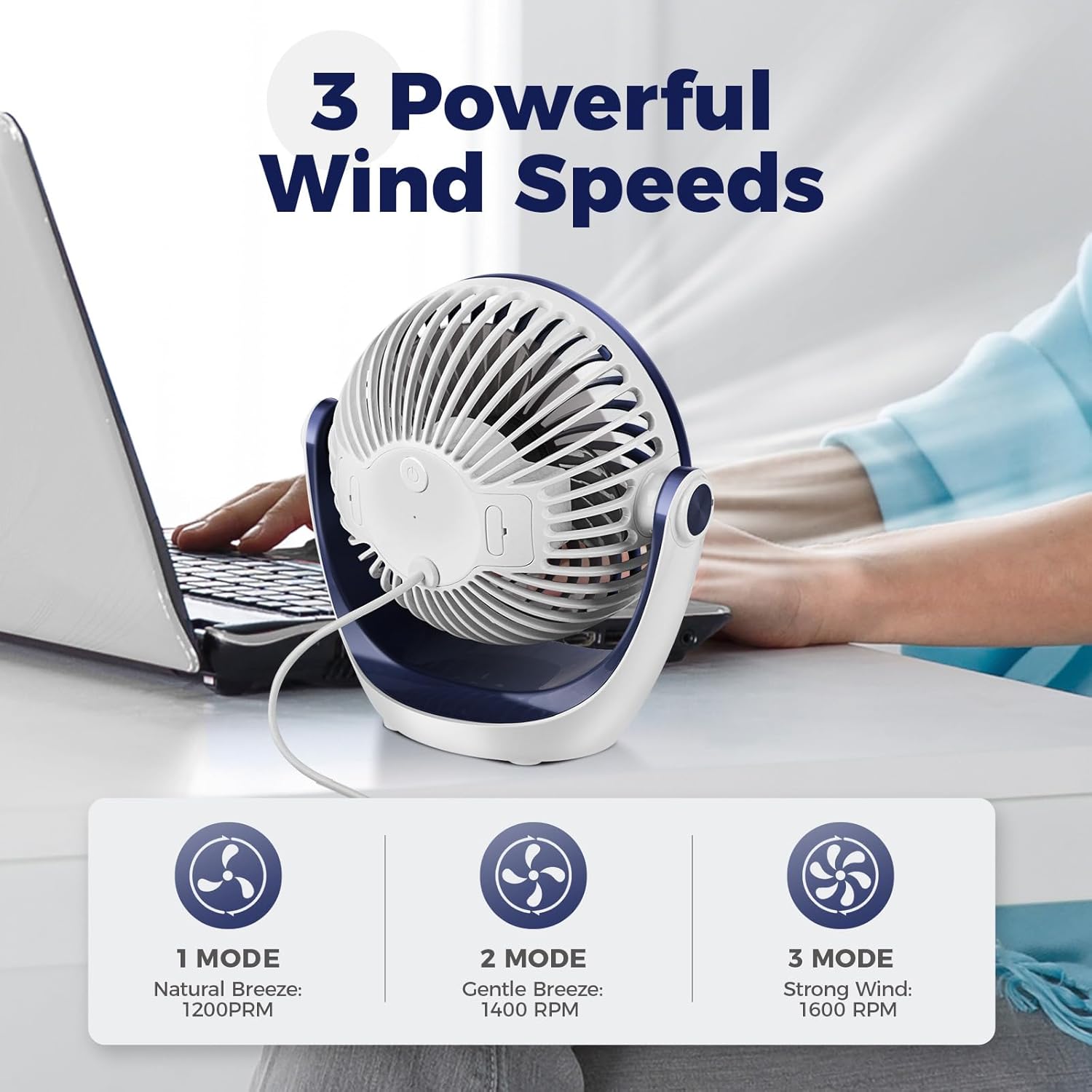 OCOOPA Small USB Desk Fan Table Fan 5'' with Strong Airflow & Quiet Operation, Portable Cooling Mini Fan 3 Speed, 360°Rotatable Head for Home Office Bedroom Desktop - Image 4