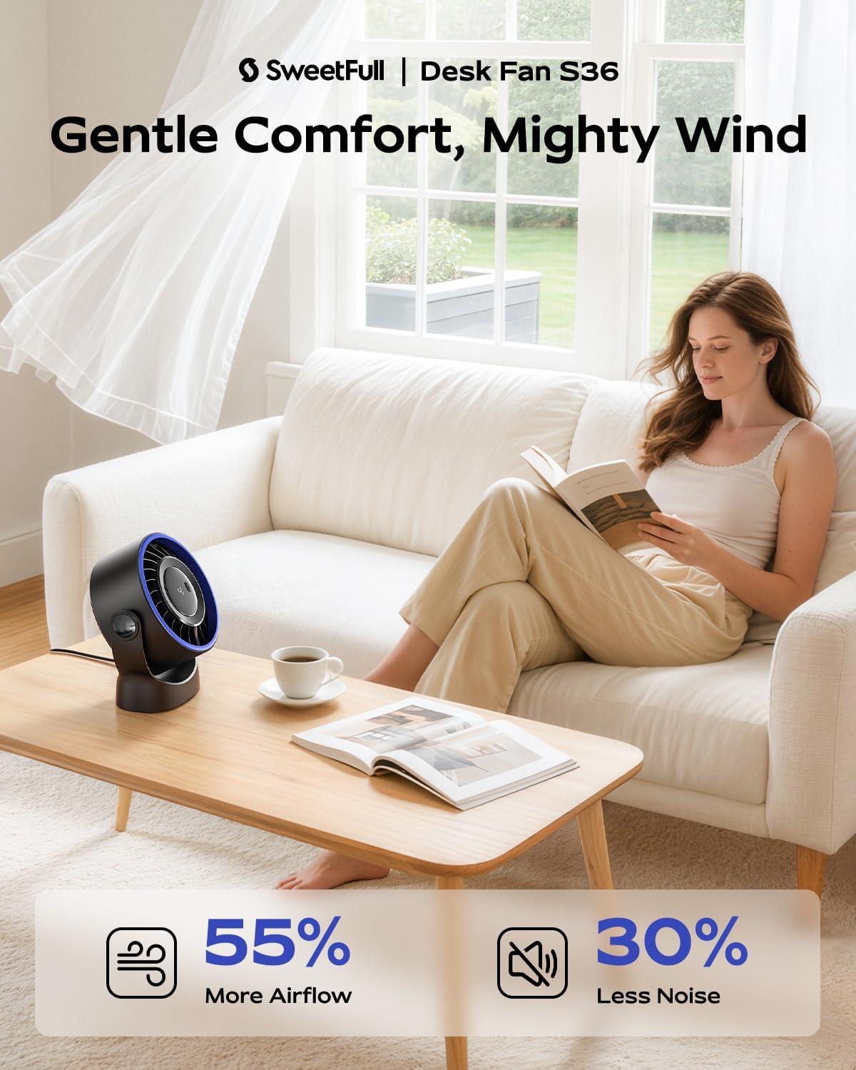 SWEETFULL USB Small Desk Fan - 5 Inch Mini Personal Desktop Fan, 4 Speeds Cooling Strong Airflow, 360° Adjustable Tilt, Quiet Portable Table Fans for Bedroom, Home, Office, Travel & Cruise, Black - Image 2