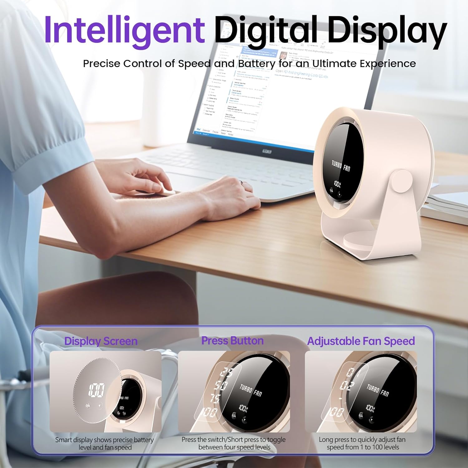 Desk Fan, USB Rechargeable Quiet Desktop Fan with 5400mAh Battery & LED Display, Adjustable Speed Control, 90° Tilt Head Hangable Table Fan for Office, Bedroom, Dorm, Kitchen (Pink) - Image 3