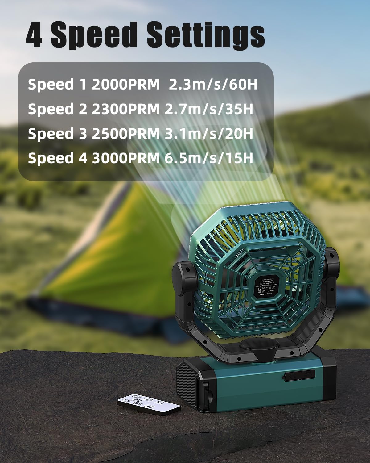 Portable Rechargeable Fan - 9-Inch Camping Fan for Tent, 24000mAh(60Hrs) Battery Operated Fan for Camping, Auto Oscillation Cordless Fans, Tent Fan with Remote/Light, 4 Speeds, 4 Timing, Outdoor - Image 2