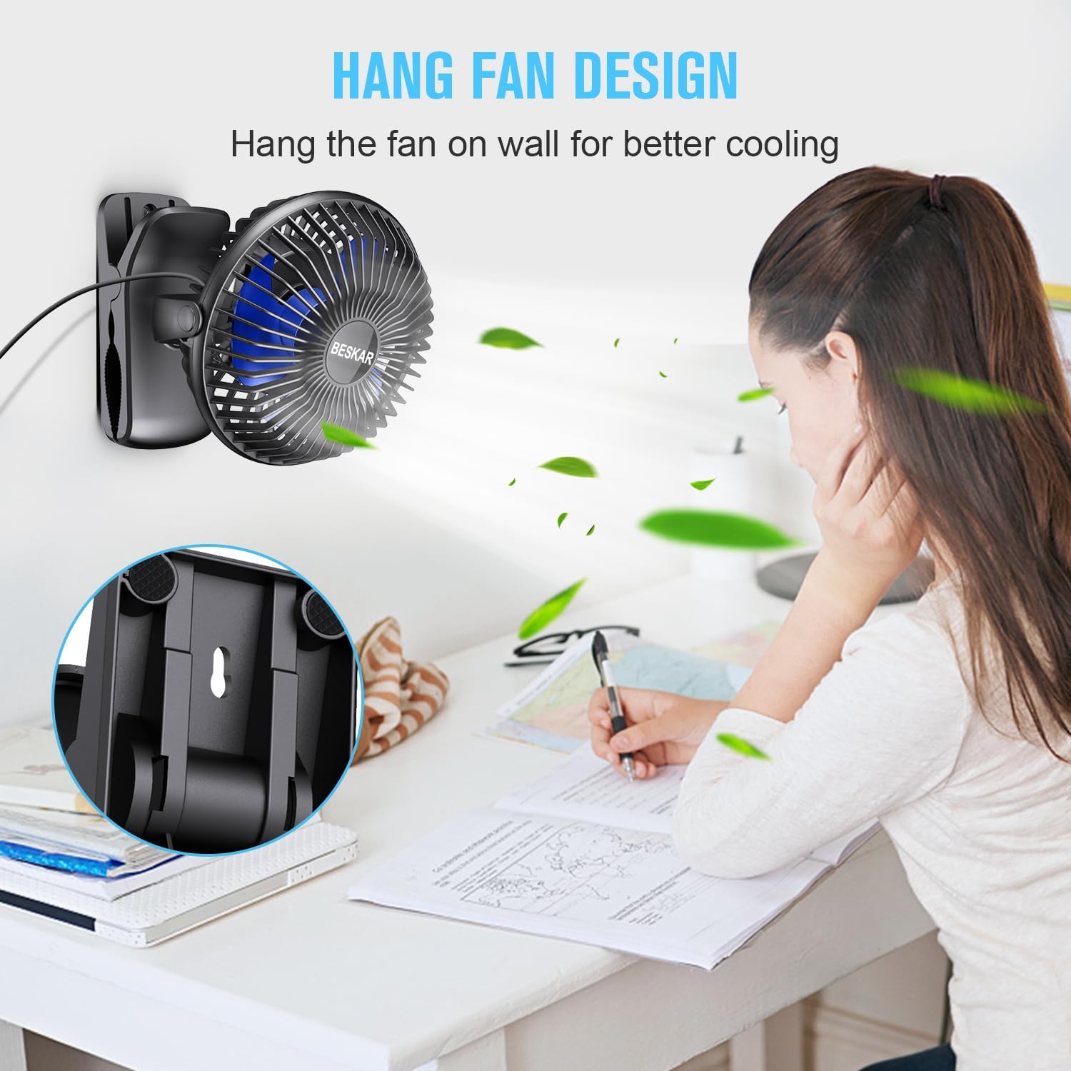 BESKAR USB Powered Clip on Fan, Portable Small Fan with Cord, 3 Speeds Strong Airflow, Personal Fan with Sturdy Clamp, Quiet Desk Fan & Clip Fan - Image 4