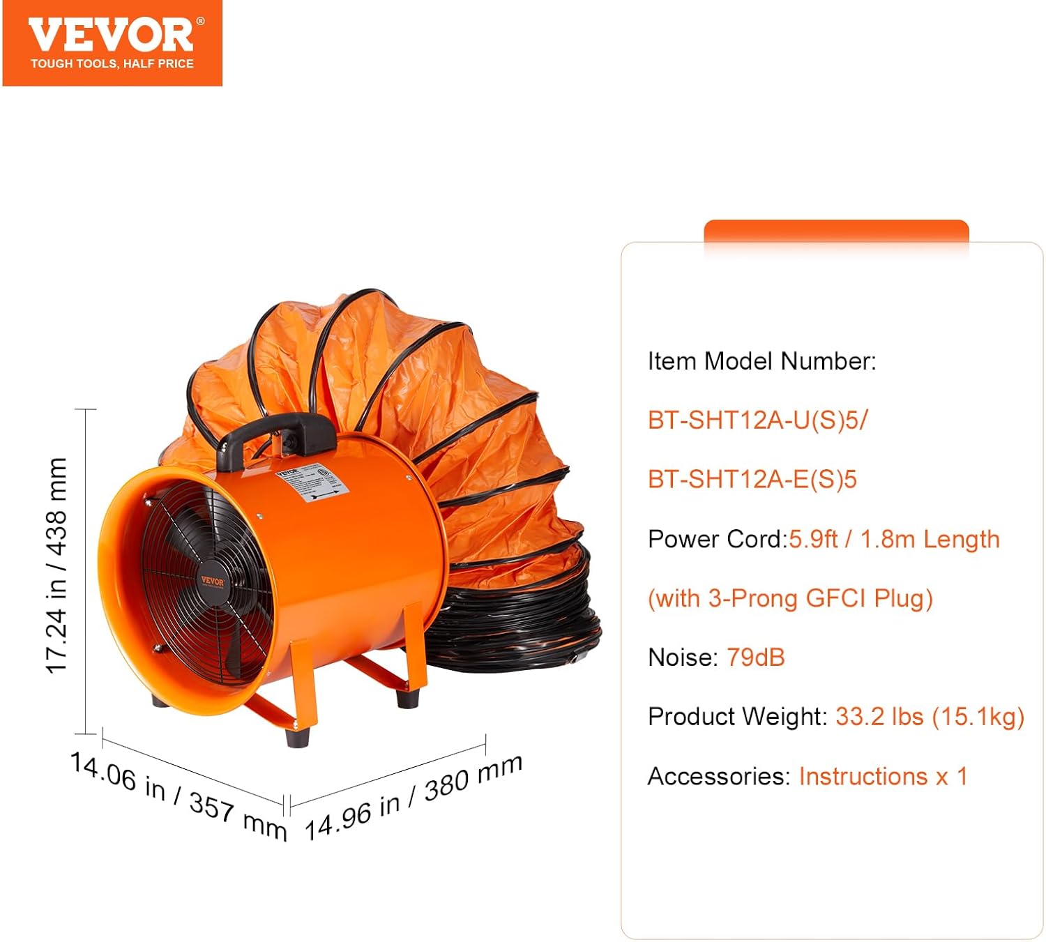 VEVOR Portable Ventilator, 12 inch Heavy Duty Cylinder Fan with 16.4ft Duct Hose, 585W Strong Shop Exhaust Blower 3198CFM, Industrial Utility Blower for Home/Workplace - Image 7