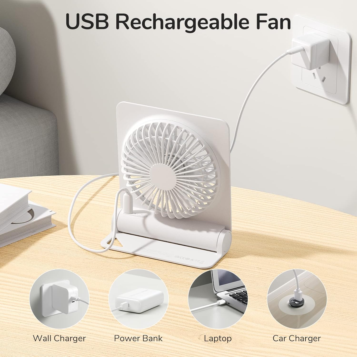 JISULIFE Small Desk Fan, Portable USB Rechargeable Fan, 160° Tilt Folding Personal Mini Fan with 4500mAh Battery, Strong Wind, Ultra Quiet, 4 Speed Modes for Office, Home, Camping - White - Image 5