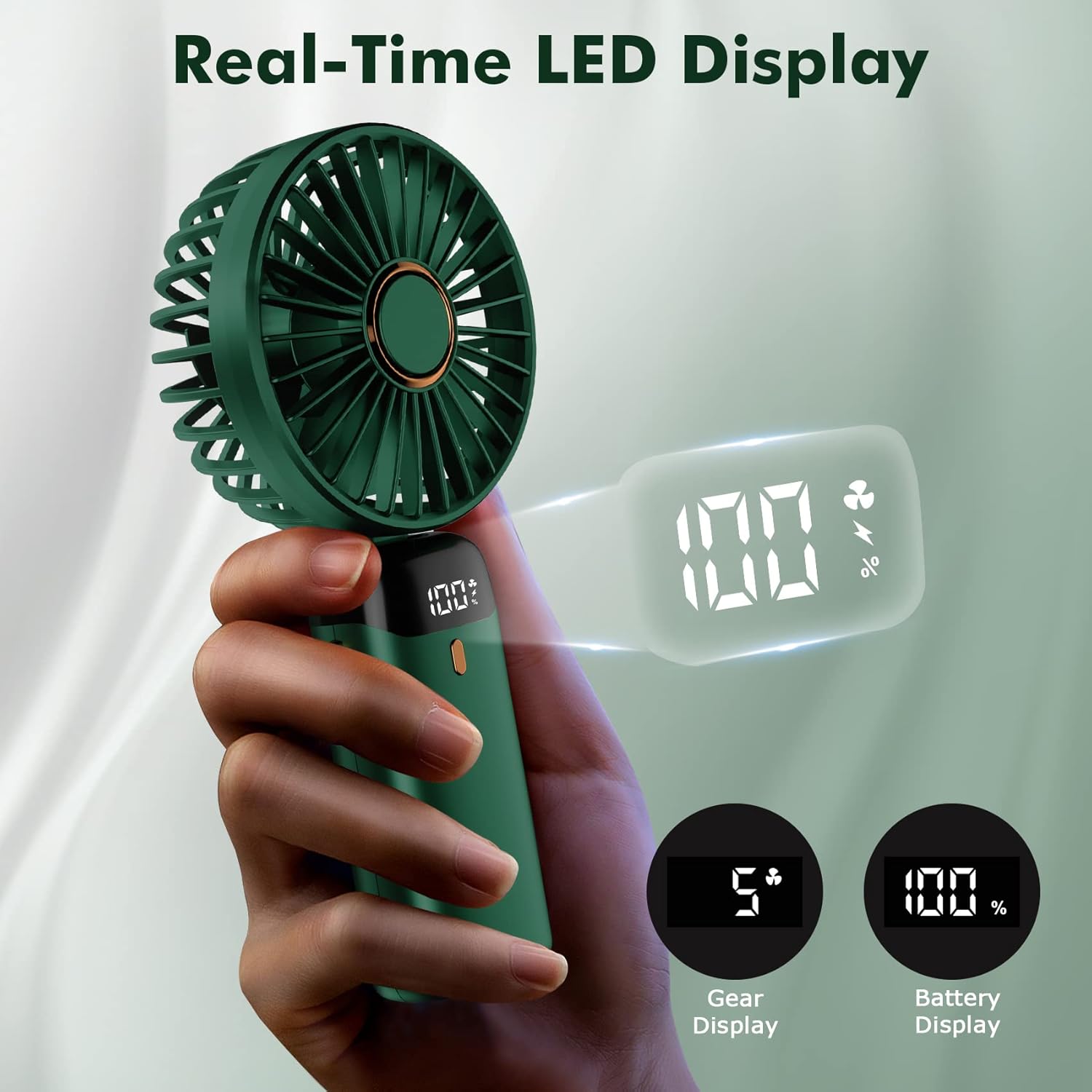 Handheld Fan, Mini Portable Fan USB Rechargeable, Small Pocket Fan 5 Speeds with Lanyard and Base, Built-in 4200mAh Battery USB Desk Fan Foldable for Office, Outdoor, Home, School (Green) - Image 3