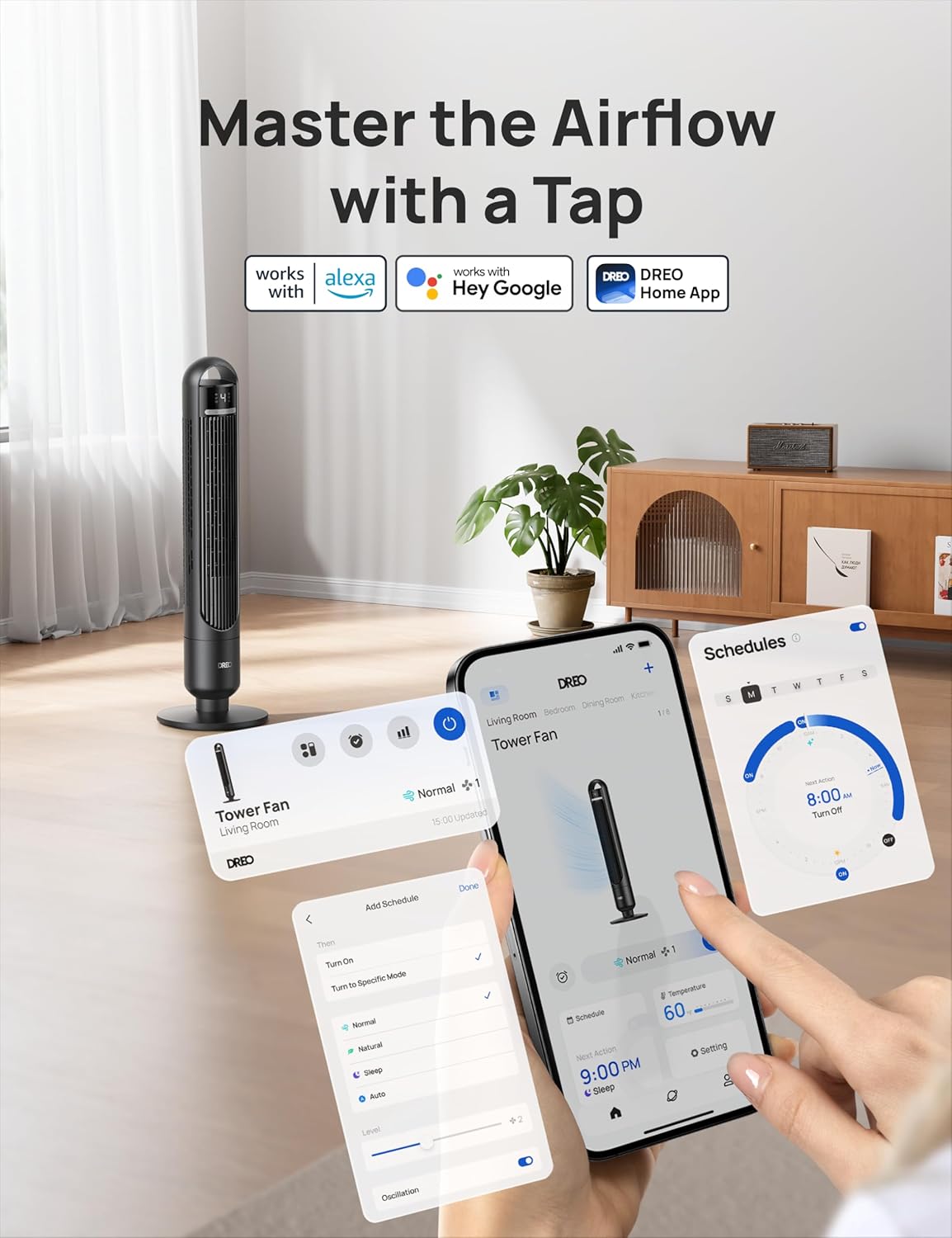 DREO Smart Tower Fan for Bedroom, 90° Oscillating Standing Fans for Room with 4 Speeds, 4 Modes, 25dB Quiet for Sleep, 25ft/s Velocity, 8H Timer, Remote/App/Voice Control for Living Room, Office, Home - Image 8