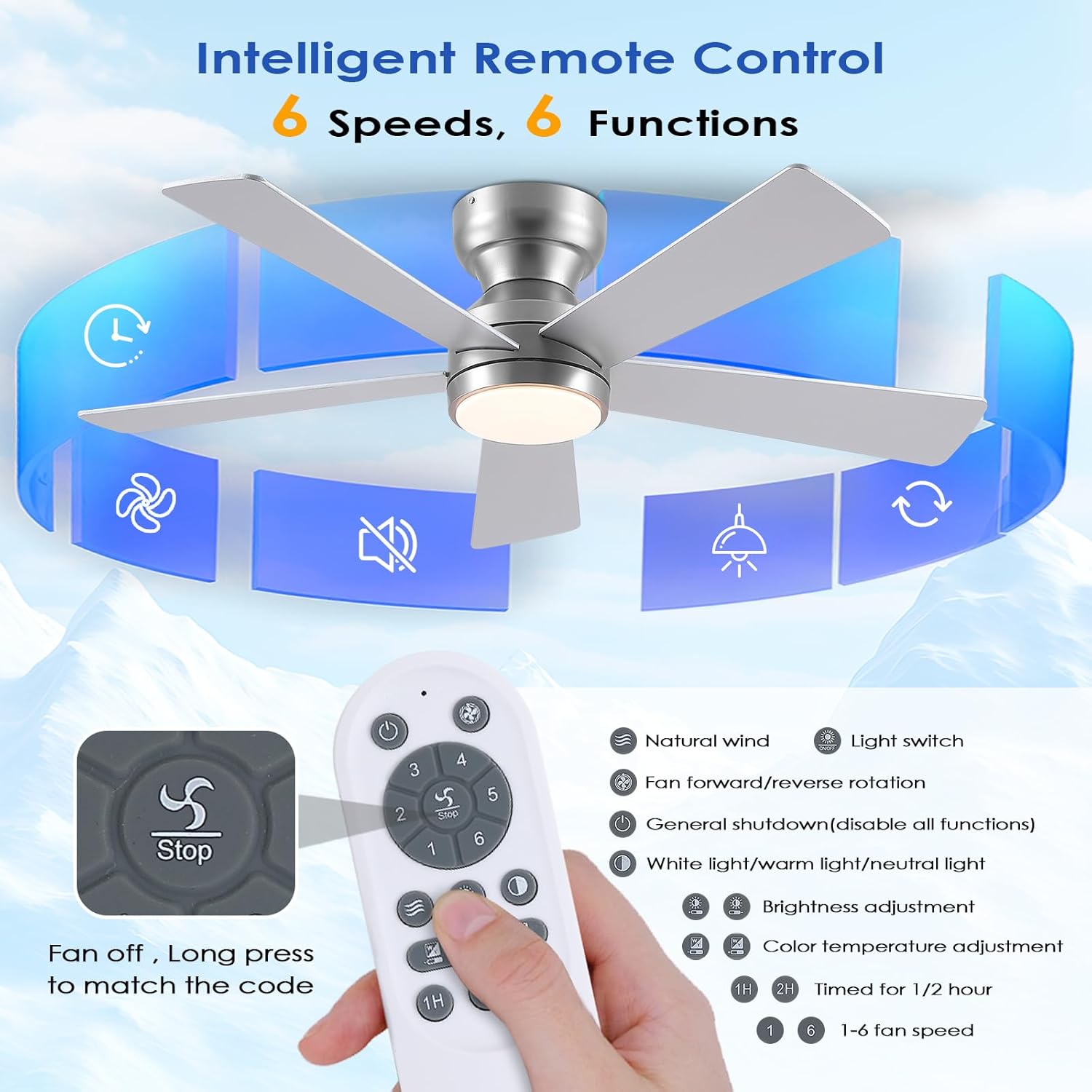 46" Ceiling Fan with Lights Low Profile, Flush Mount Ceiling Light with Remote and 5 Blades, Mute Reversible Motor, 6 Speeds and 3CCT Dimming, Modern Fan Light for Indoor Bedroom, Silver - Image 4
