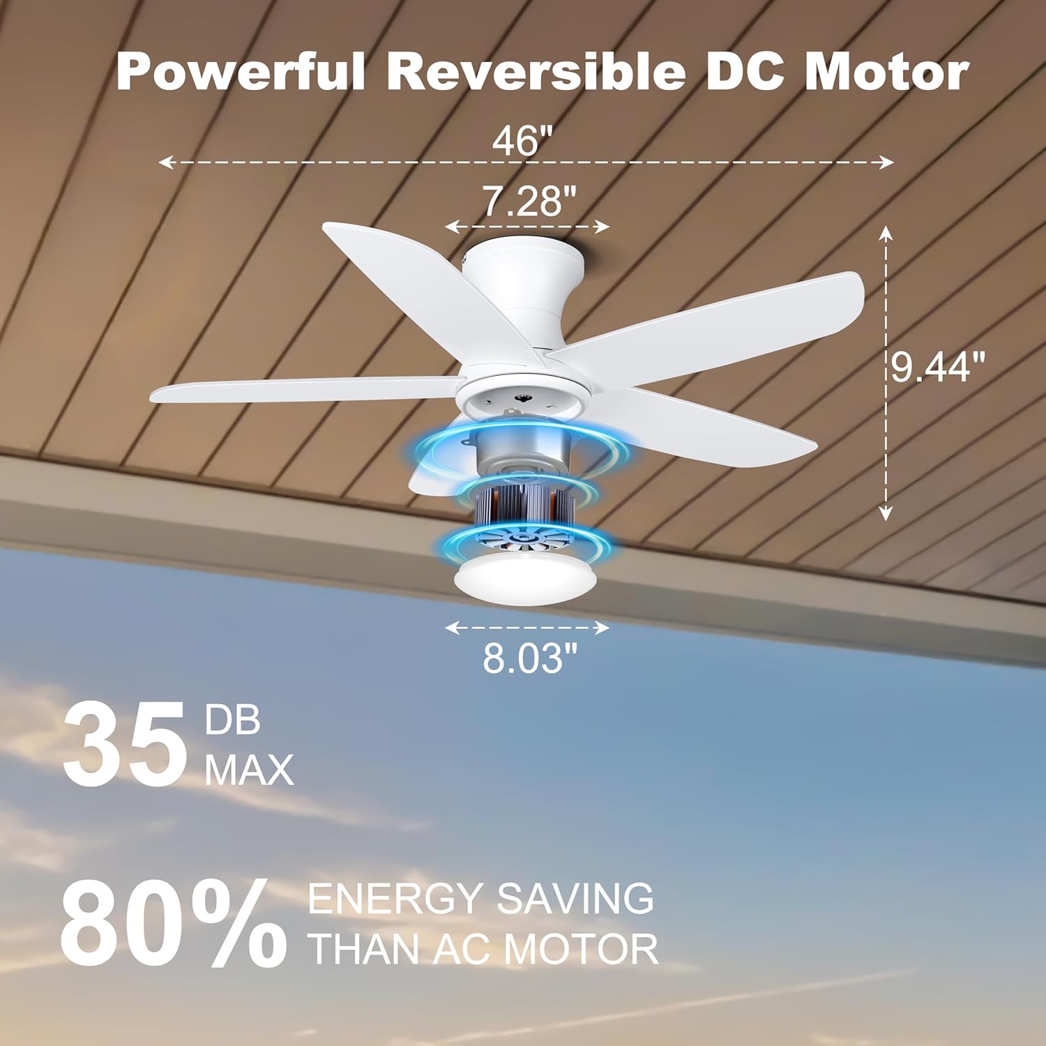Ohniyou Ceiling Fan with Lights, 46" Flush Mount Ceiling Fans with Light, Remote & App Control, Low Profile, Reversible, 3CCT, Dimmable, Quiet DC Motor, Indoor/Outdoor Use, White - Image 5