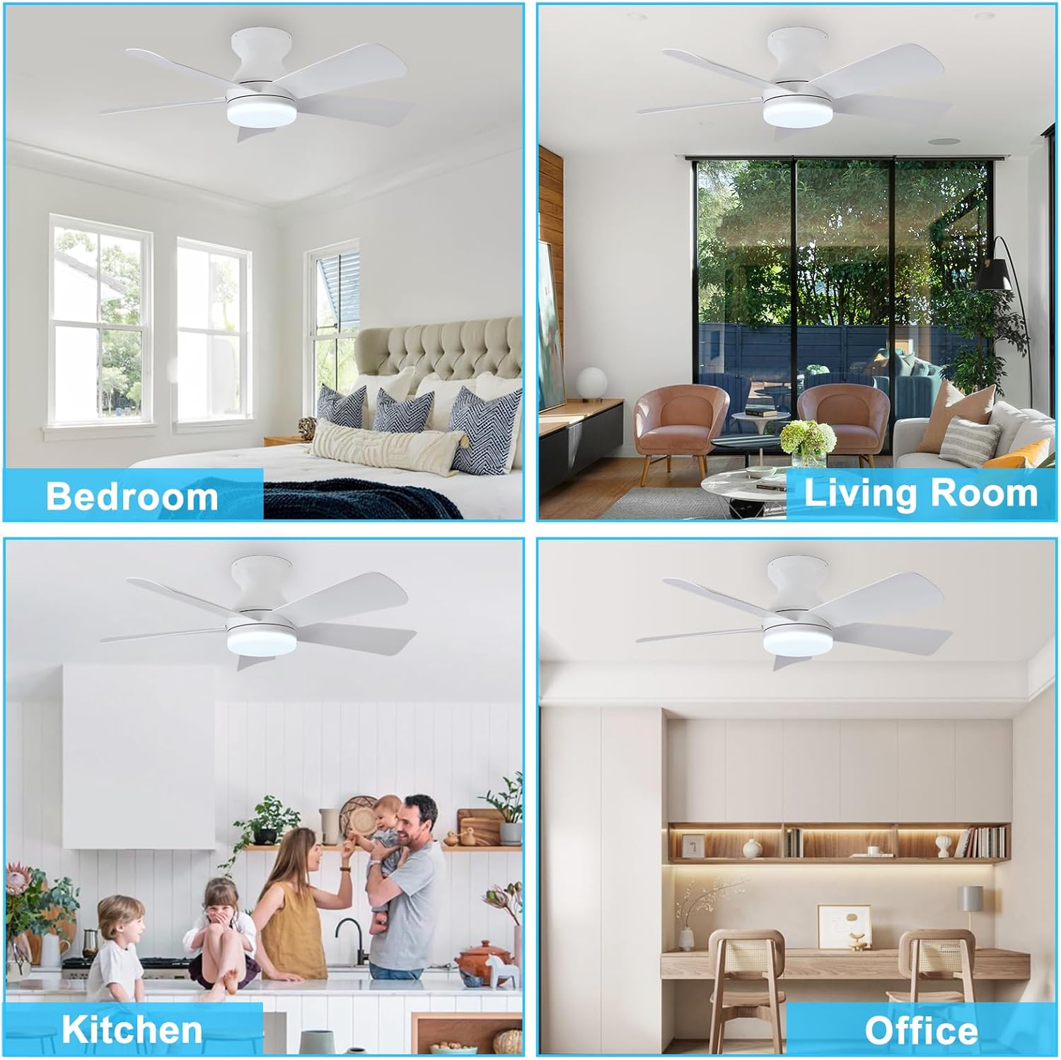 Depuley Modern Ceiling Fan with Light: 35-Inch White Small Fans for Bedroom Indoor Outdoor - Dimmable Low Profile Ceiling Fans with Remote Control Flush Mount 5 Reversible White Blades 6 Speeds Timer - Image 8