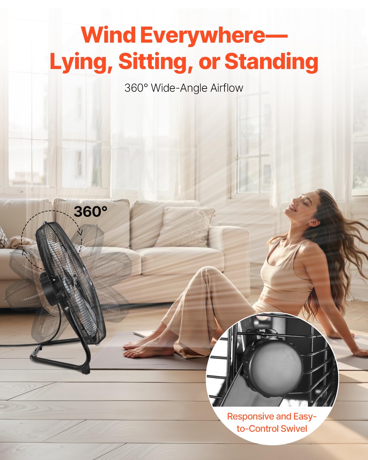 VEVOR Floor Fan, 3 Speeds High Velocity Heavy Duty 20 Inch Industrial Fan, 4800 CFM 360° Adjustable Tilt 21.33 ft/sec Airflow Large Metal Fan, for Home, Gym, Office, Garage, Commercial Shop & Bedroom - Image 6