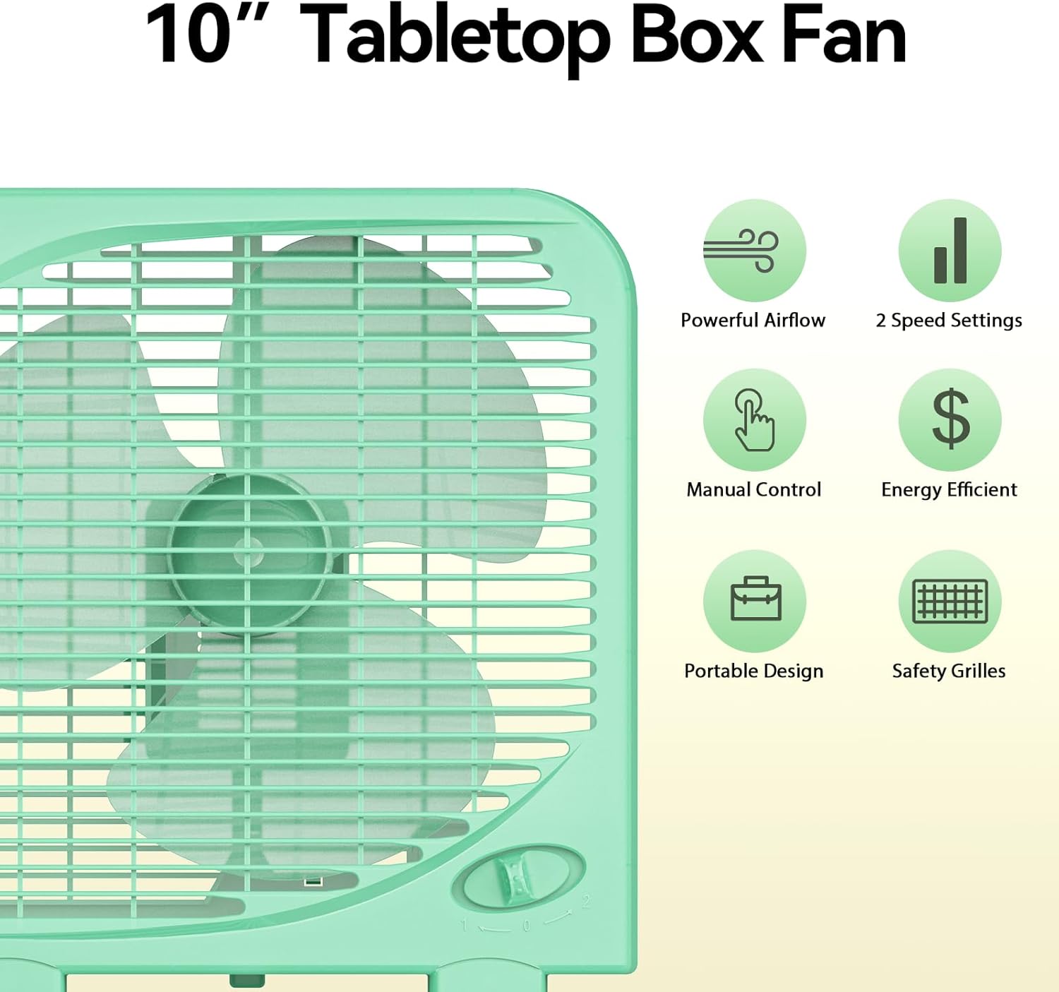 shinic 10" Tabletop Box Fan for Bedroom, 2 Speeds, Quiet Table Fan with Strong Airflow, Energy Efficient Small Box Fan, Portable Kitchen Exhaust Fan for Bedroom Bathroom Office Dorm Workshop, Green - Image 4