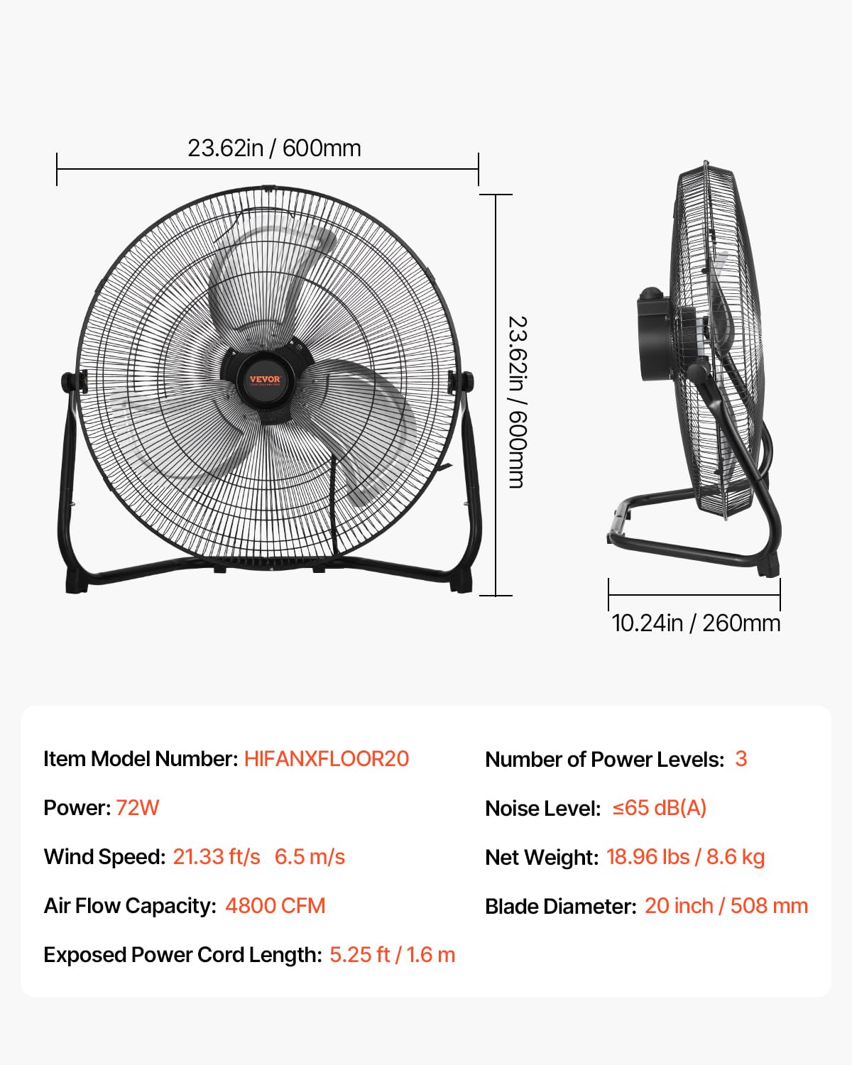 VEVOR Floor Fan, 3 Speeds High Velocity Heavy Duty 20 Inch Industrial Fan, 4800 CFM 360° Adjustable Tilt 21.33 ft/sec Airflow Large Metal Fan, for Home, Gym, Office, Garage, Commercial Shop & Bedroom - Image 8