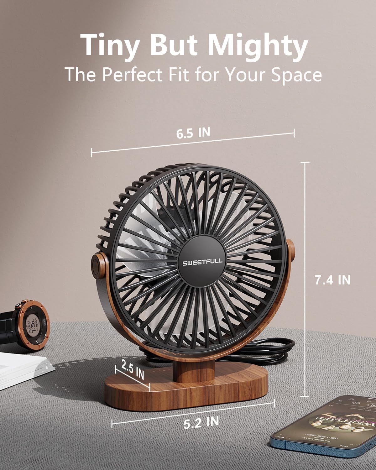 SWEETFULL 6.5 Inch USB Small Desk Fan, 3 Speeds Quiet Portable Desktop Table Fan, 360° Adjustment Personal Mini Fan for Home Office Car Outdoor Travel (Black wood grain) - Image 3