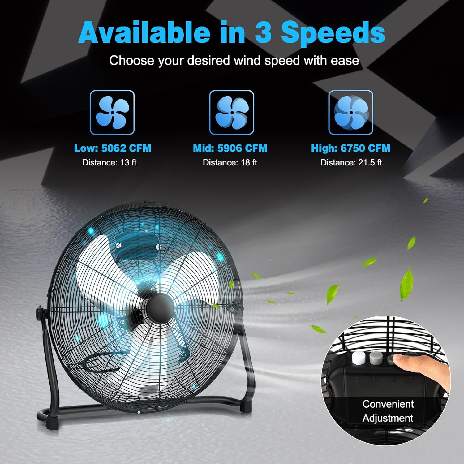 DORTALA 3-Speed High Velocity Floor Fan, 20 Inch Heavy Duty Metal Industrial Shop Fan with 145° Adjustable Tilt, for Commercial, Garage, Greenhouse, Warehouse, Workshop and Basement, Black - Image 3