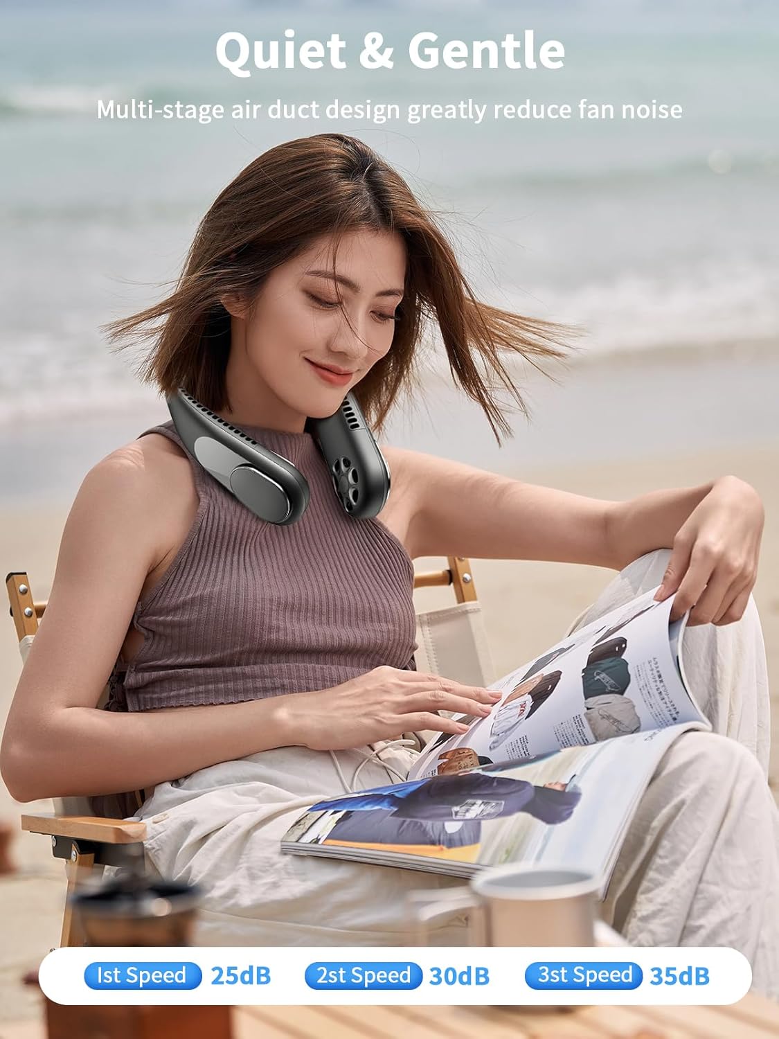 Personal Neck Fan, 6000mAh Neck Fans Portable Rechargable Battery Operated Wearable Bladeless Neck Fan-3 Speeds (Black) - Image 5