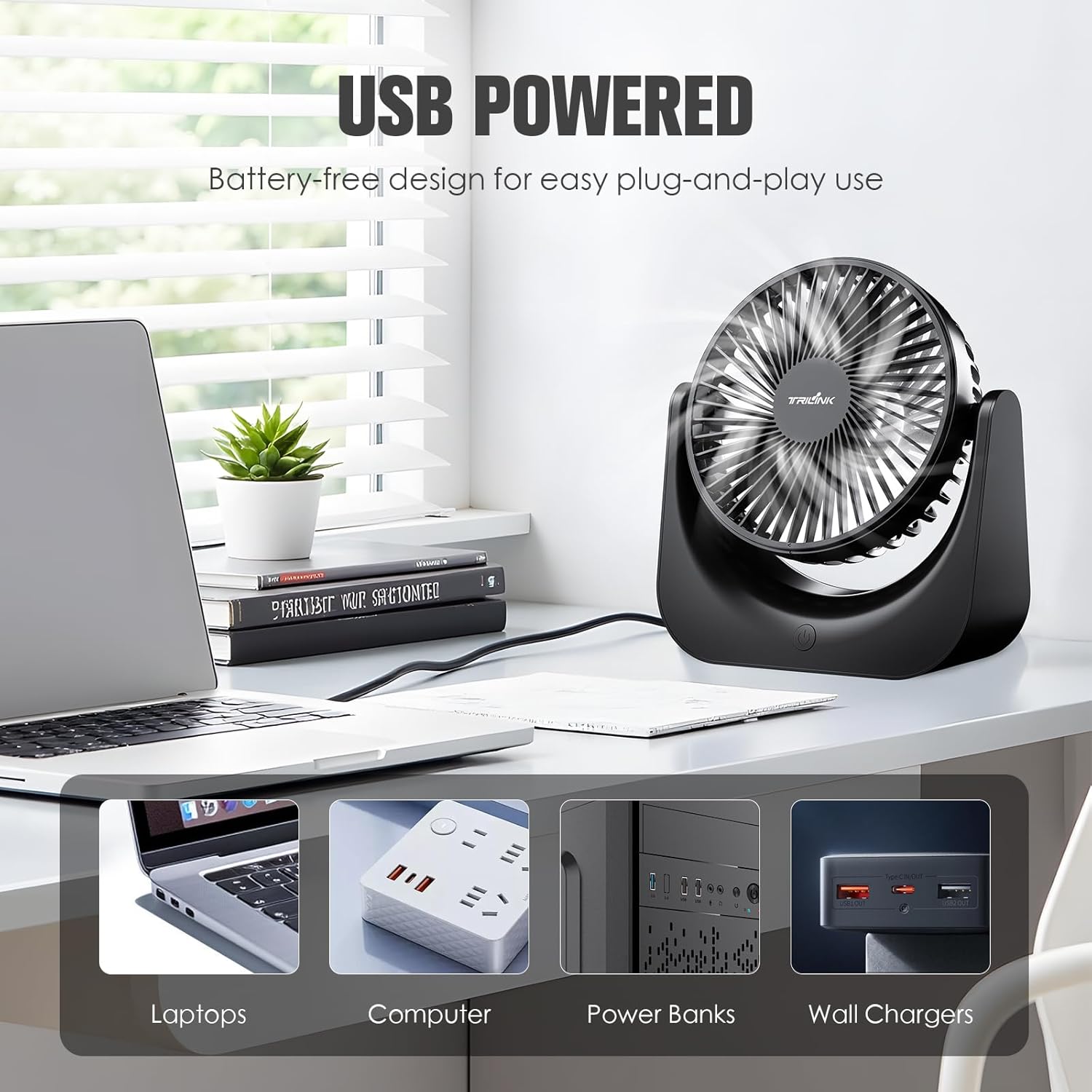 TRILINK Small USB Desk Fan – 5-Speed Mini Table Fan with Adjustable Tilt, Ultra Quiet, USB Powered, Portable Cooling Fan for Home, Desktop, Bedroom, Bed, Office, Travel, and Camping (Black) - Image 6
