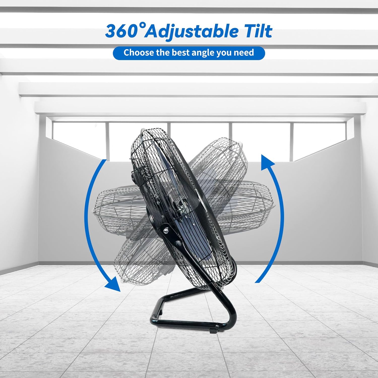 20 Inch High Velocity Industrial Floor Fan, 3-Speed Heavy Duty Metal Cradle Floor Fans with 360° Tilt for Warehouse, Workshop, Garage, Factory and Basement, Black & Blue - Image 4