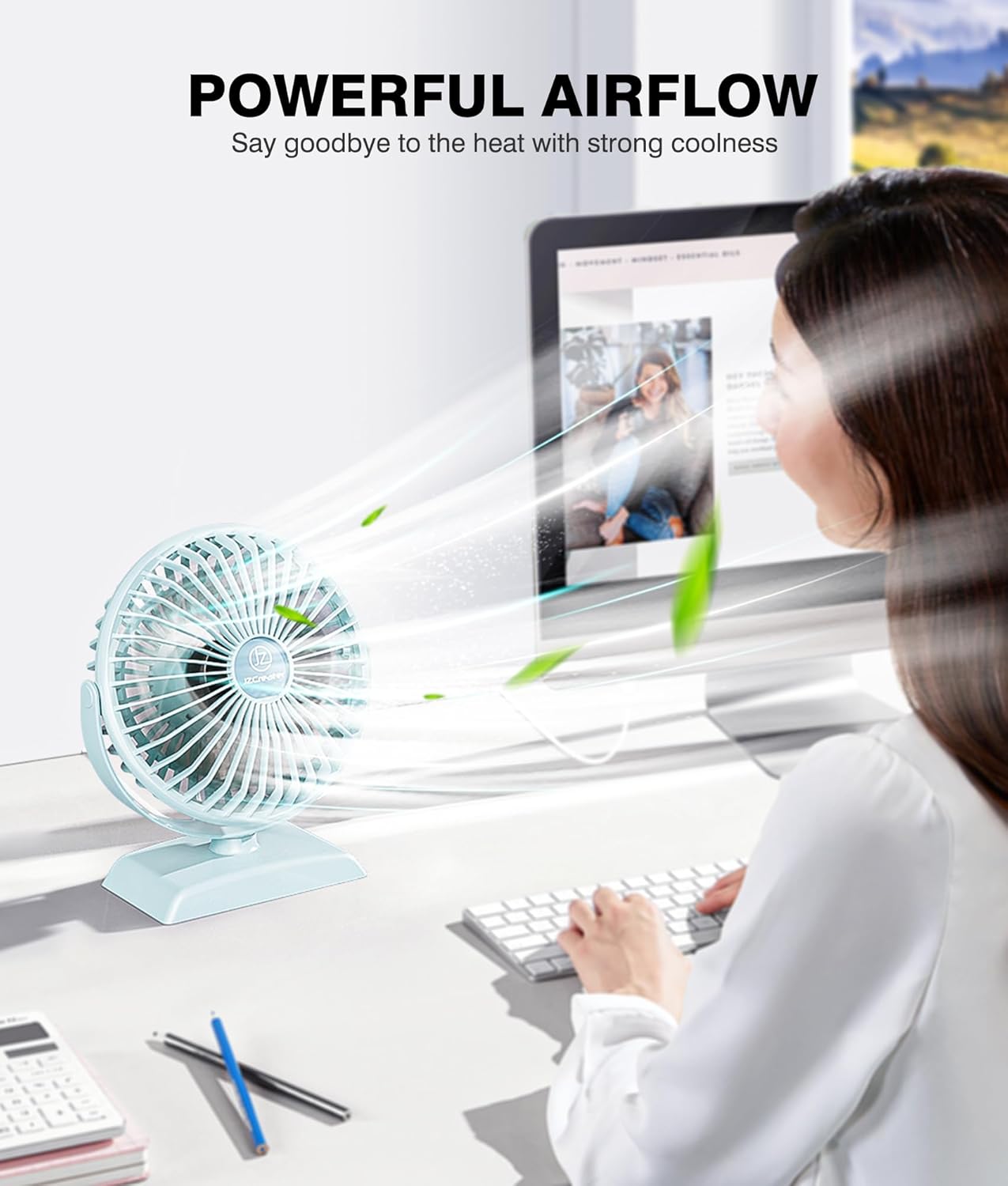 JZCreater USB Desk Fan, USB Fan Mini, 360 Rotation Desktop Fan with 3 Speed, Table Personal Cooling Fan, Quiet Mini Desk Fan, USB Powered, Small Fan for Home Office Bedroom Car Travel,Green - Image 2