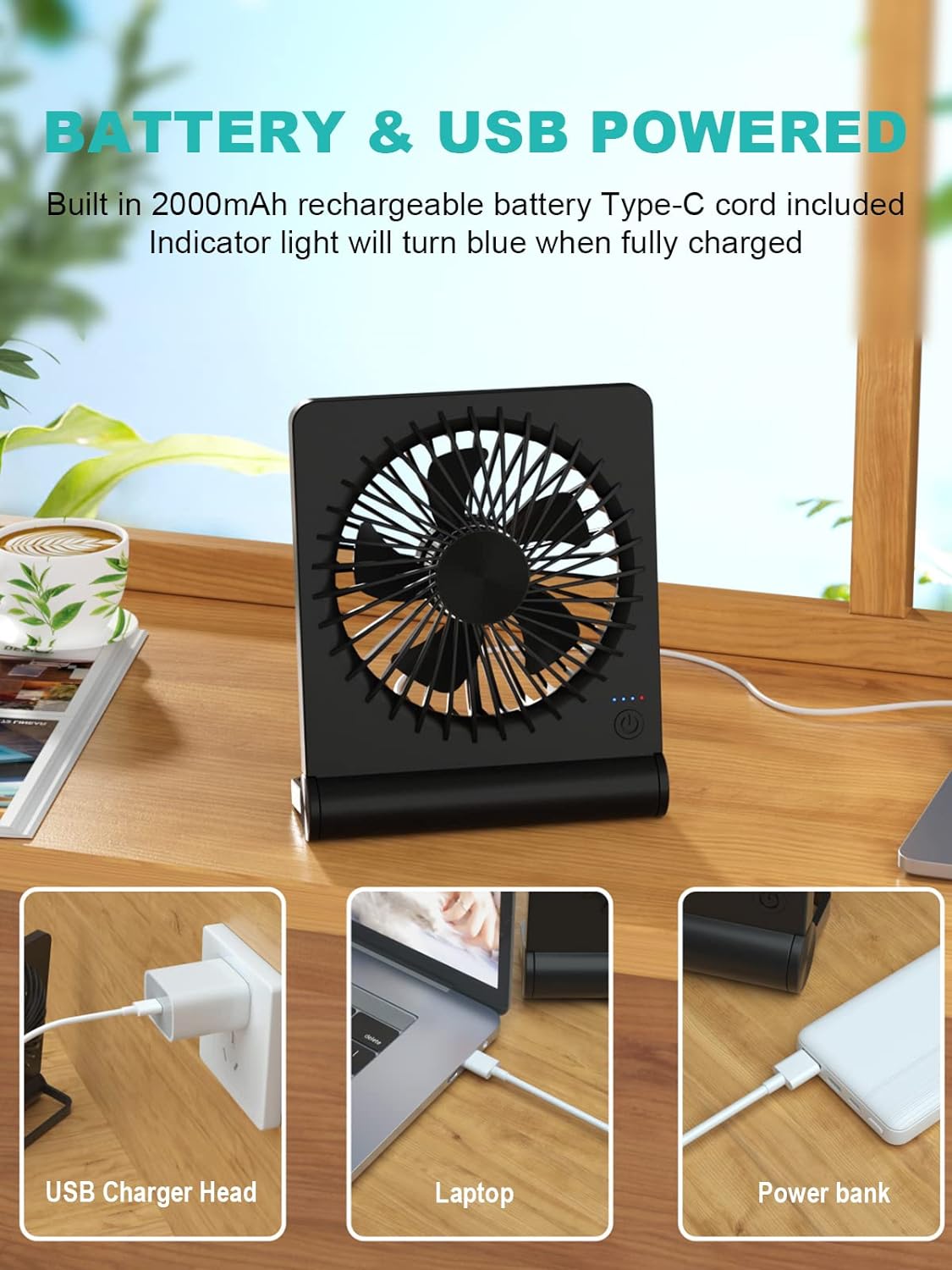 Small Desk Fan,Rechargeable USB Fan Battery Operated,Ultra Quiet, Strong Wind, 3 Speeds Travel Fans - Image 5