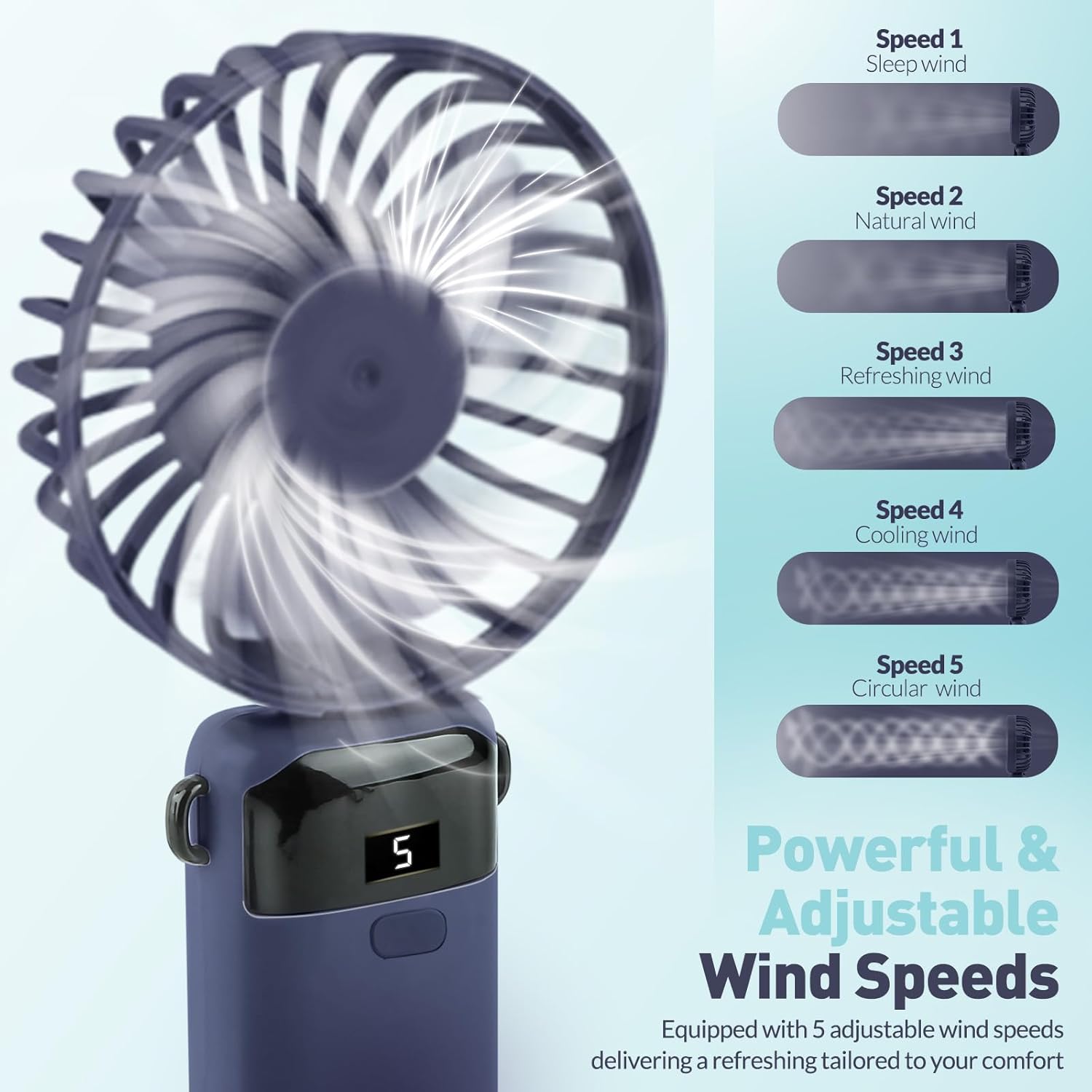 Portable Handheld Fan Rechargeable Small Fan 5 Speeds with Lanyard and Base USB Desk Fan Foldable Quiet Personal Fan with LED Display for Office, Home, Travel, Outdoor - Image 4