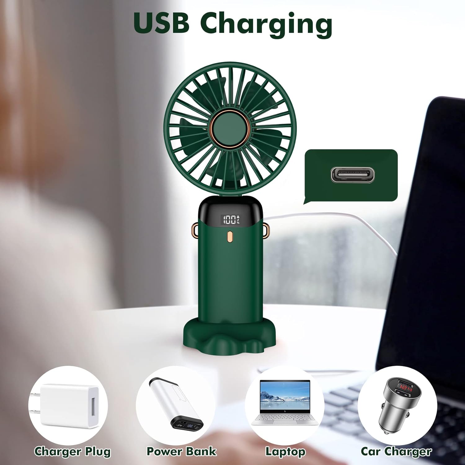Handheld Fan, Mini Portable Fan USB Rechargeable, Small Pocket Fan 5 Speeds with Lanyard and Base, Built-in 4200mAh Battery USB Desk Fan Foldable for Office, Outdoor, Home, School (Green) - Image 6