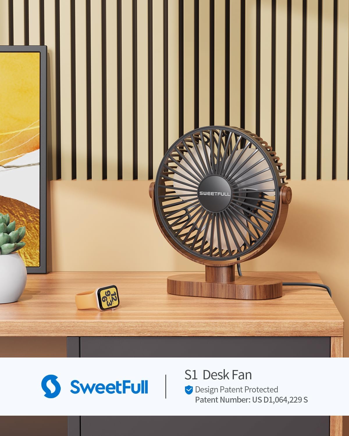 SWEETFULL 6.5 Inch USB Small Desk Fan, 3 Speeds Quiet Portable Desktop Table Fan, 360° Adjustment Personal Mini Fan for Home Office Car Outdoor Travel (Black wood grain) - Image 2