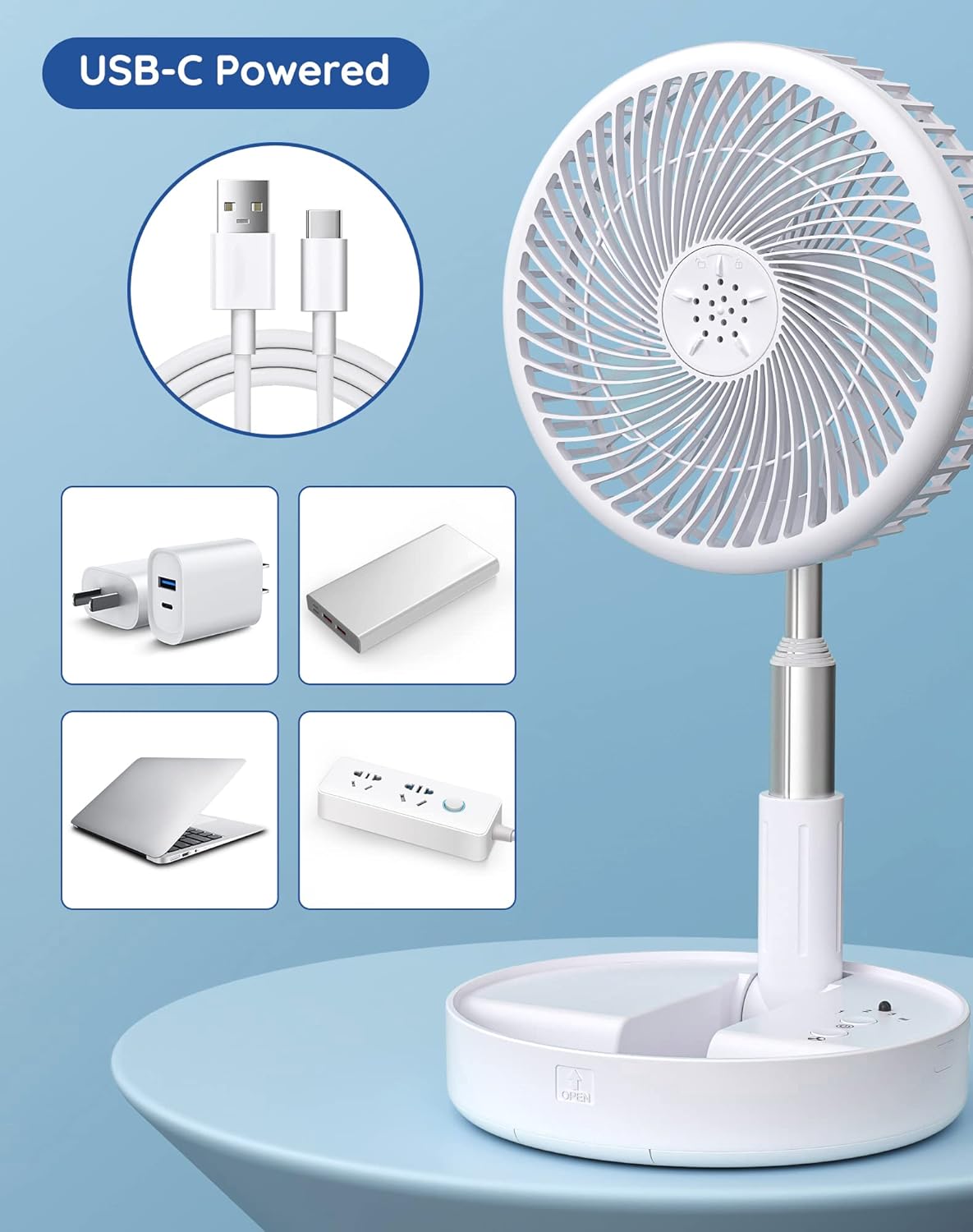 Primevolve Portable Battery Operated Standing Fan, Rechargeable USB Personal Floor Fan with Remote, Adjustable Height, White 7.7" Non-Oscillating - Image 6