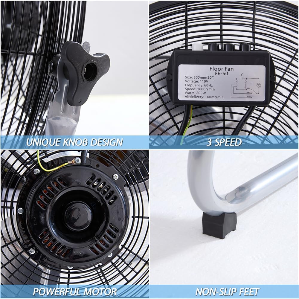 16 Inch High Velocity Metal Floor Drum Fan, 4500 CFM Heavy Duty Industrial Shop Fan, 3 Speed, 180 Degree Tilt, Wall Mounted & Floor Design Industrial Fan (16-Inch) - Image 7