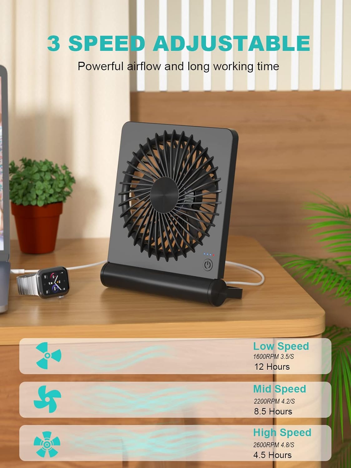 Small Desk Fan,Rechargeable USB Fan Battery Operated,Ultra Quiet, Strong Wind, 3 Speeds Travel Fans - Image 3