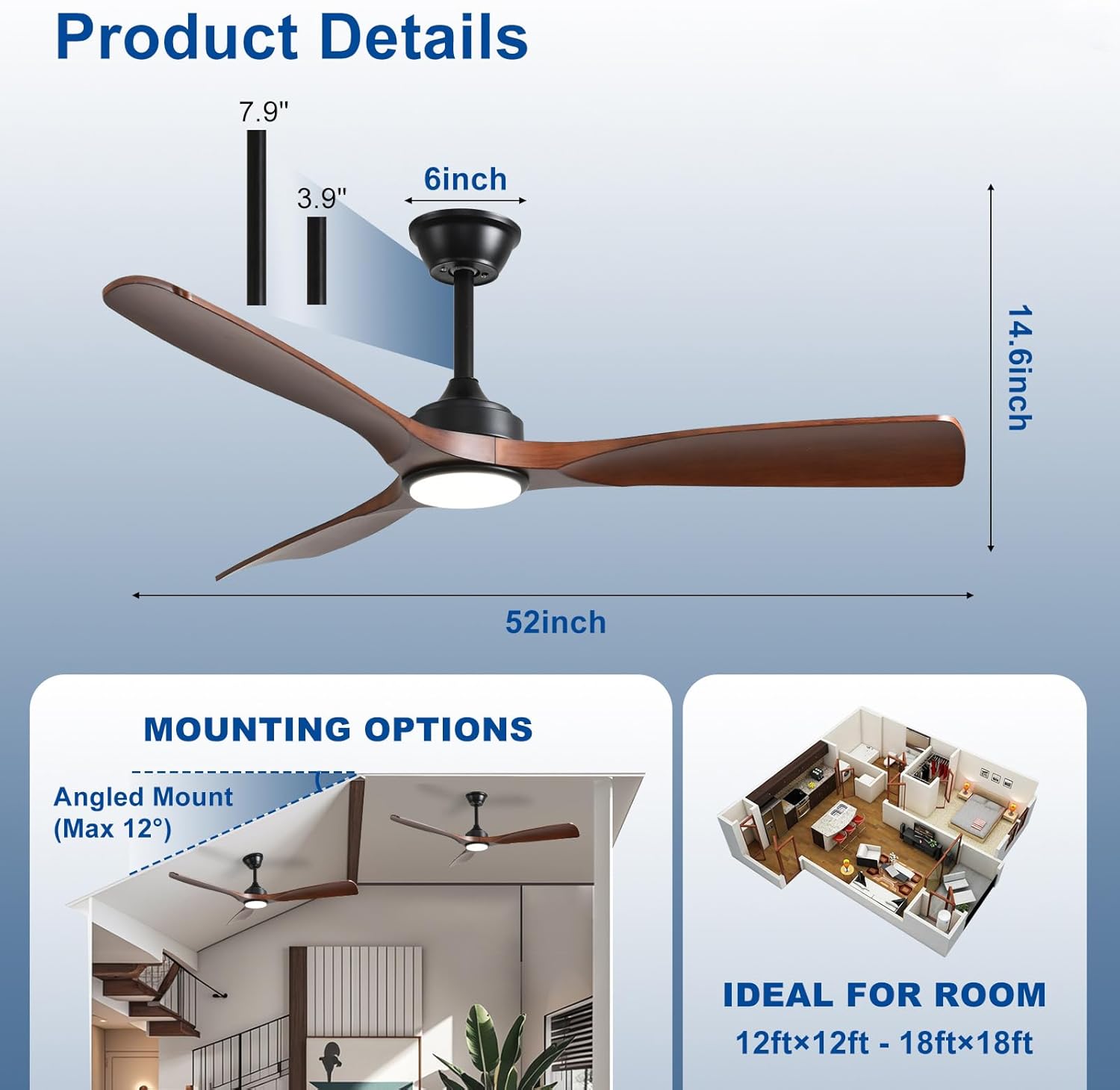 52-Inch Ceiling Fan with Light: Walnut 3 Blade Outdoor Fans for Patios - Dimmable Indoor Fan with Remote APP Control Ultra Quiet DC Motor Reversible 6 Speed Timer - Image 2