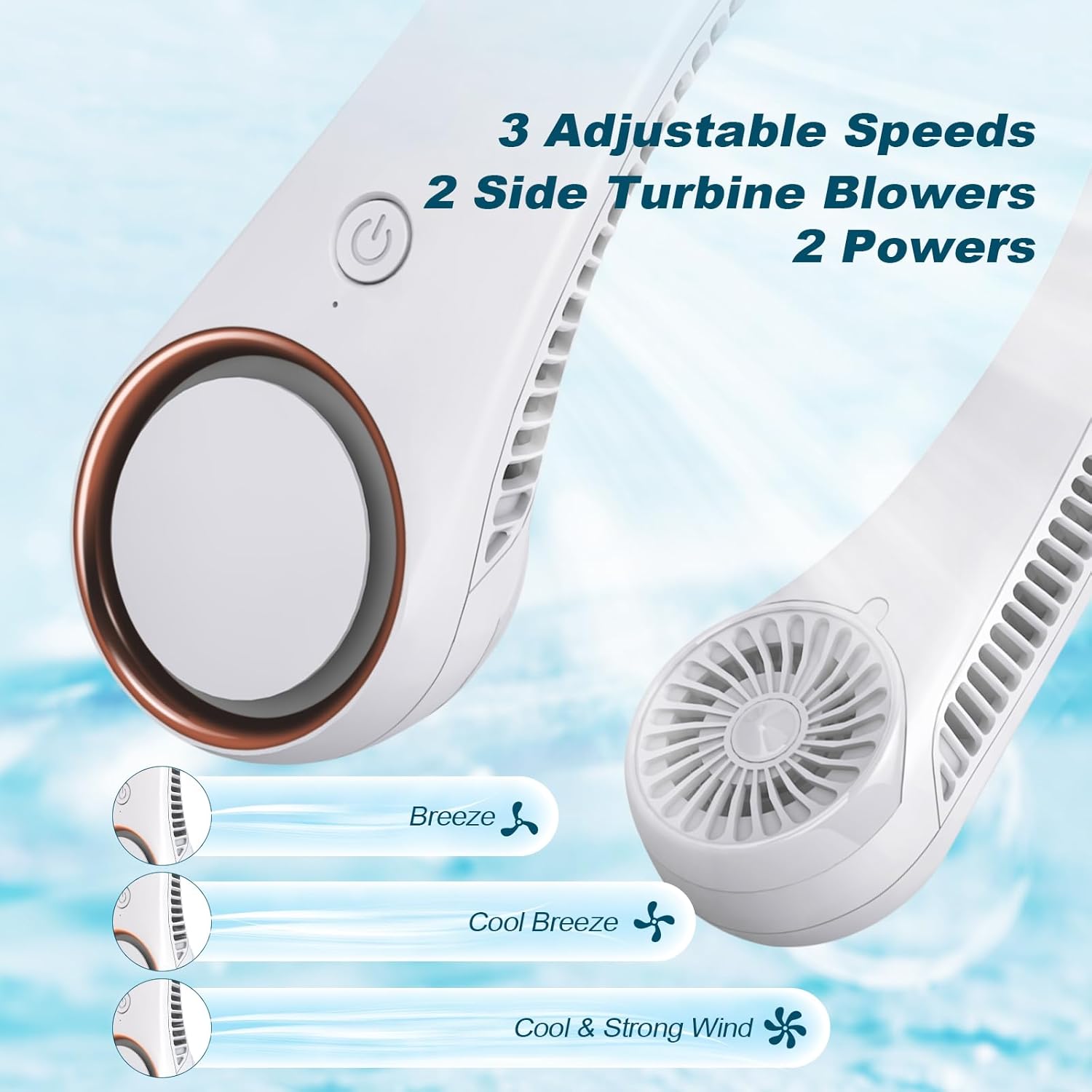 CIVPOWER Neck Fan: Portable Personal Neck Cooling Rechargeable Bladeless Fan - Hands Free 3 Speed 4000 mAh Battery USB Operated Wearable Headphone Design - for Men Women Outdoor Indoor (White) - Image 3