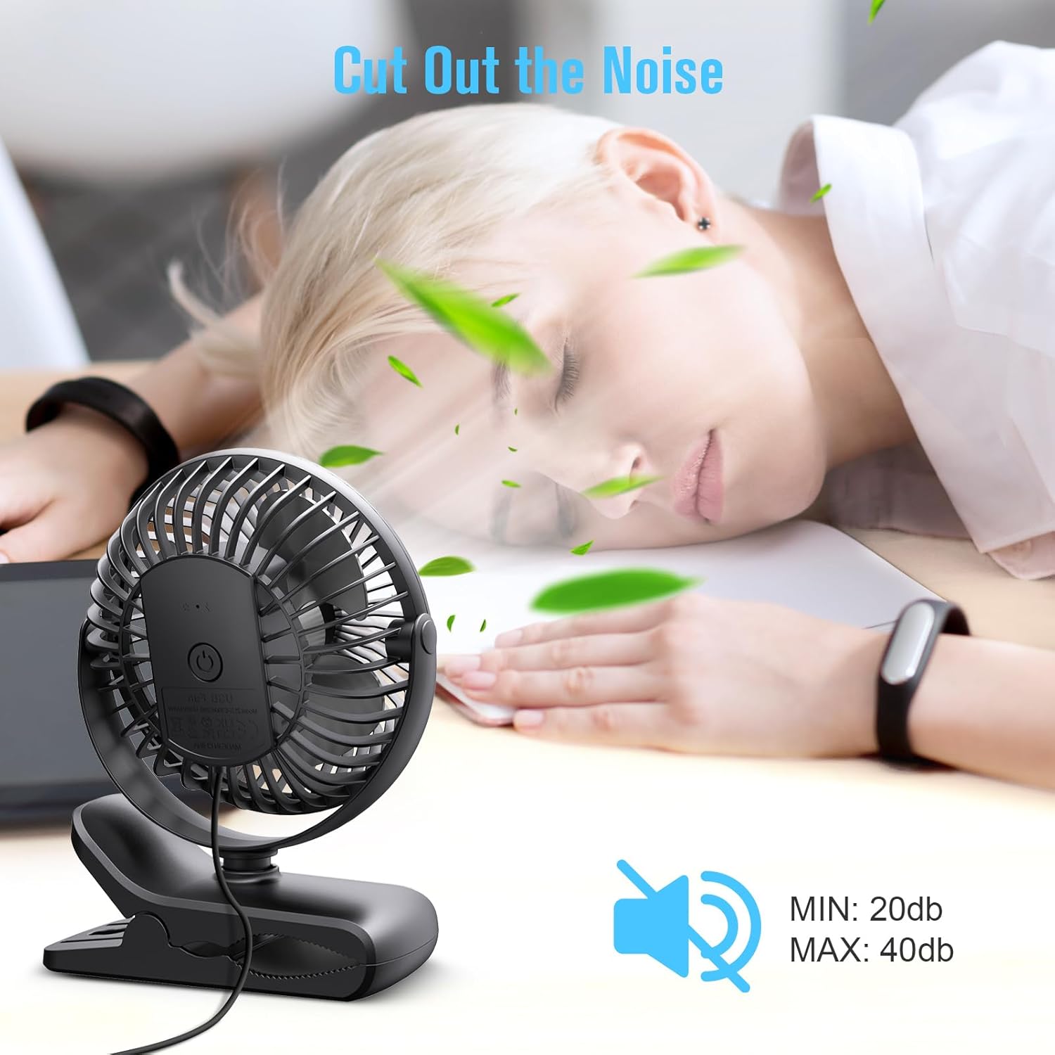HONYIN Clip on Fan, 720° Rotation Small Desk & Clip Fan, Personal Cooling Fan with Sturdy Clamp, 3 Speeds, Quiet Little Fan by USB Plug In, for Bedroom Office Desktop Treadmill - Image 3