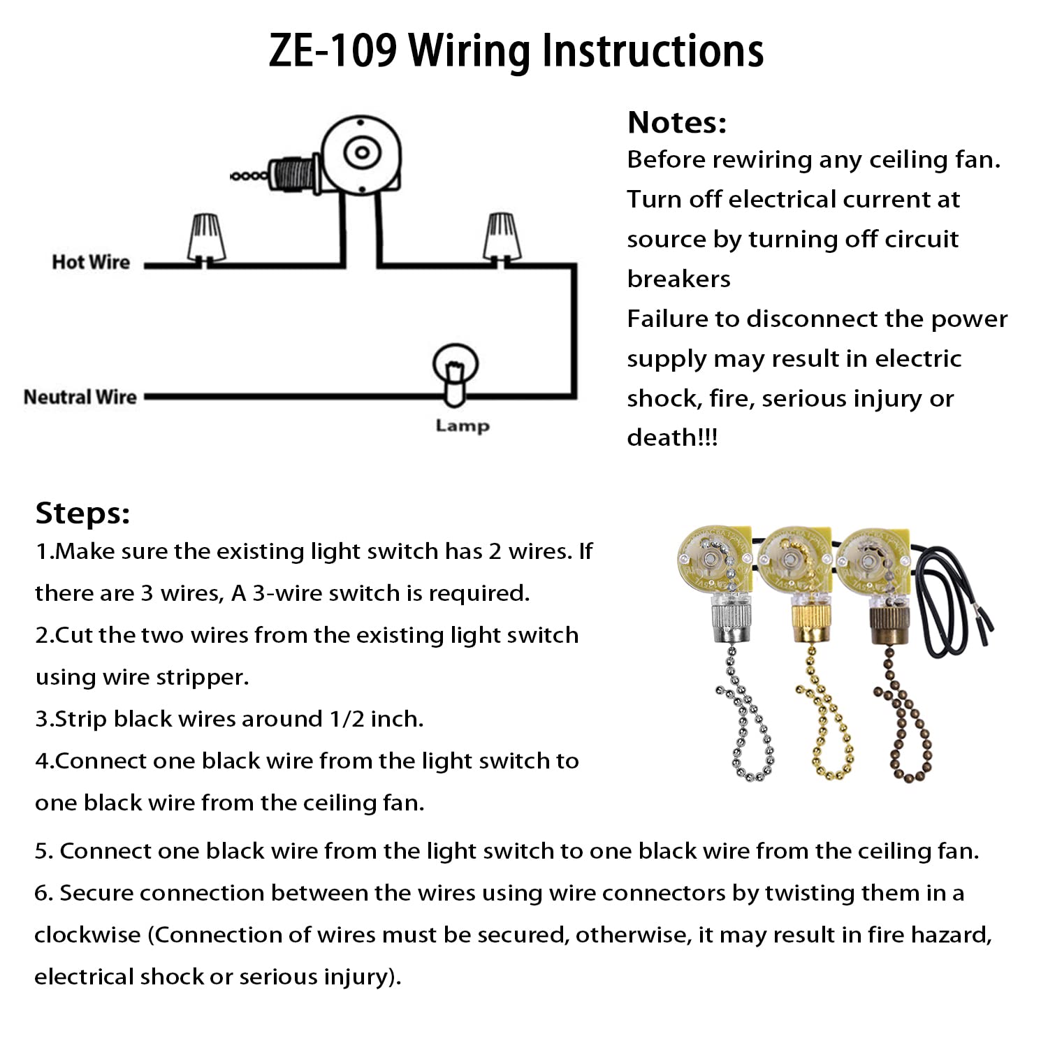Ceiling Fan Switch Zing Ear ZE-109,Two-Wire On-Off Light Switch for Hunter Ceiling Fans Lamp and Wall Lights Replacement (Bronze Pull Chain) - Image 4