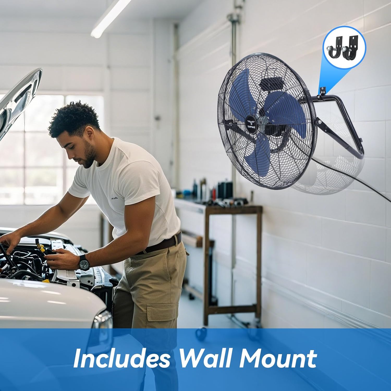 20 Inch High Velocity Industrial Floor Fan, 3-Speed Heavy Duty Metal Cradle Floor Fans with 360° Tilt for Warehouse, Workshop, Garage, Factory and Basement, Black & Blue - Image 3
