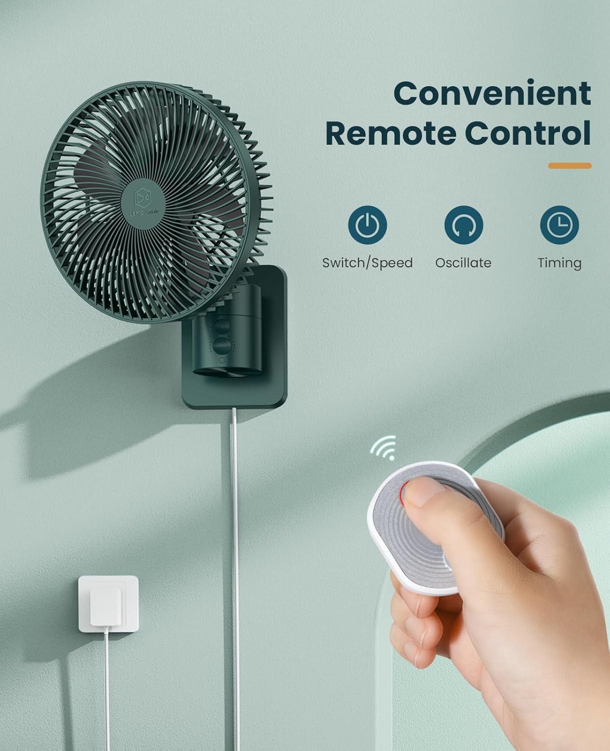 8 Inch Oscillating Wall Mounted Fan with Remote Control,Timer and 4 Speeds Settings,Adjustable Tilt,70-Inches Cord Ultra Quiet,Powerful, 7 Blades, Easy to Clean for Bedroom, Office Indoor Home Green - Image 4