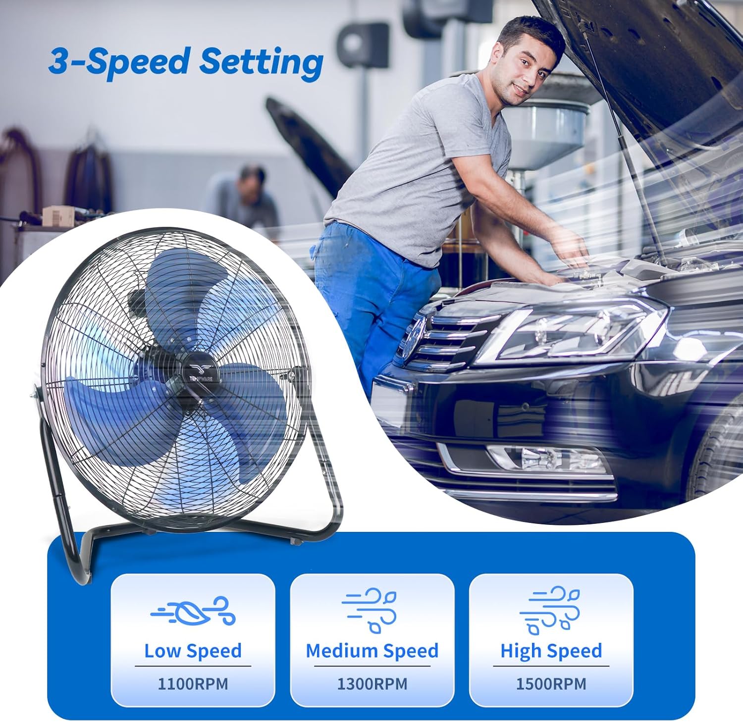20 Inch High Velocity Industrial Floor Fan, 3-Speed Heavy Duty Metal Cradle Floor Fans with 360° Tilt for Warehouse, Workshop, Garage, Factory and Basement, Black & Blue - Image 2